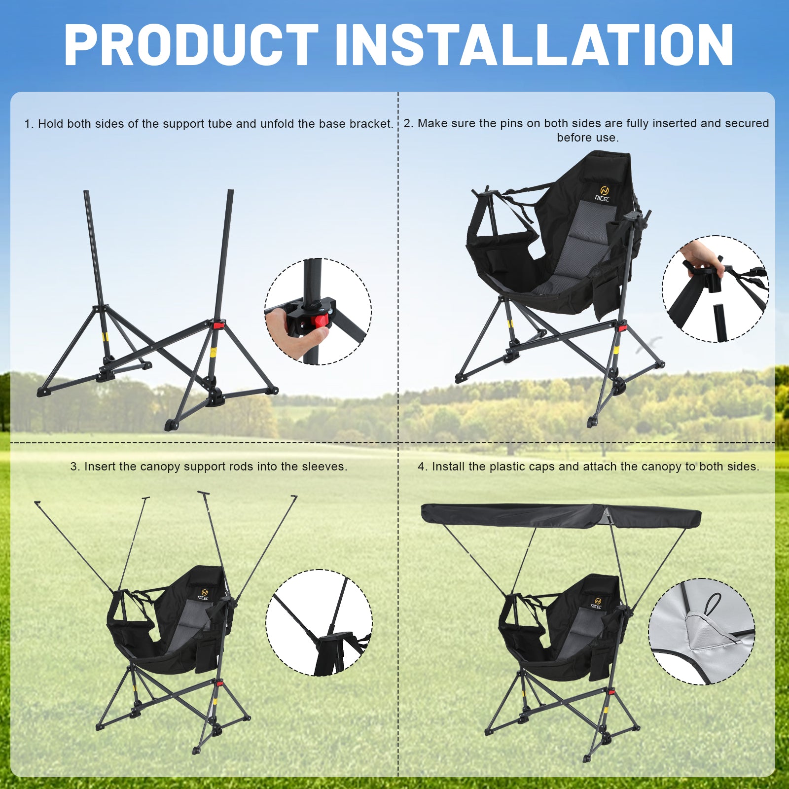 Nice C Rocking Hammock Camping Chair – Swing Seat with Adjustable Canopy Shade, Cup Holder, Portable &amp; Foldable 