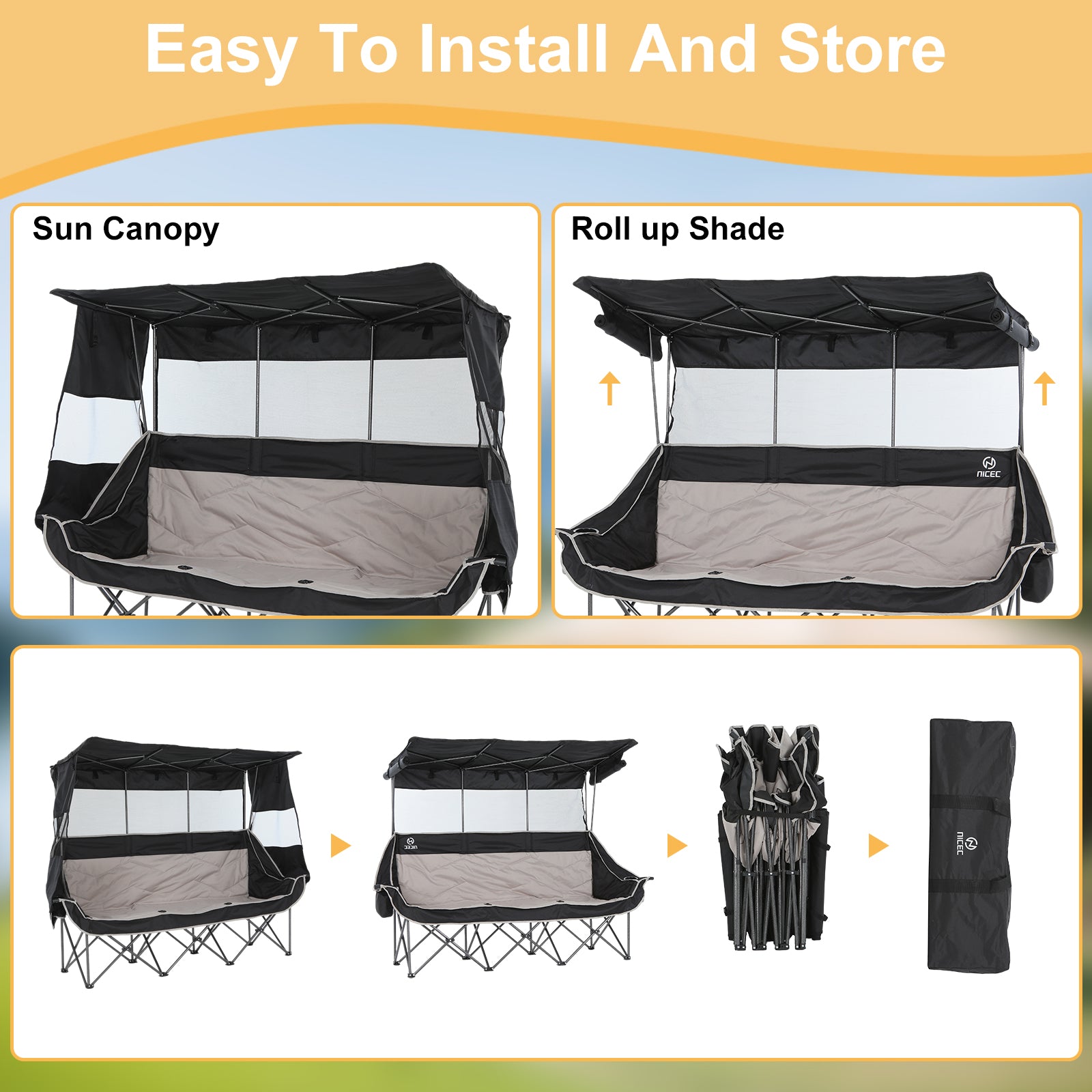 Nice C Triple Camping Loveseat with Shade, Folding 3-Seat Outdoor Chair with Cooler Bag &amp; Cup Holders, Padded for Comfort