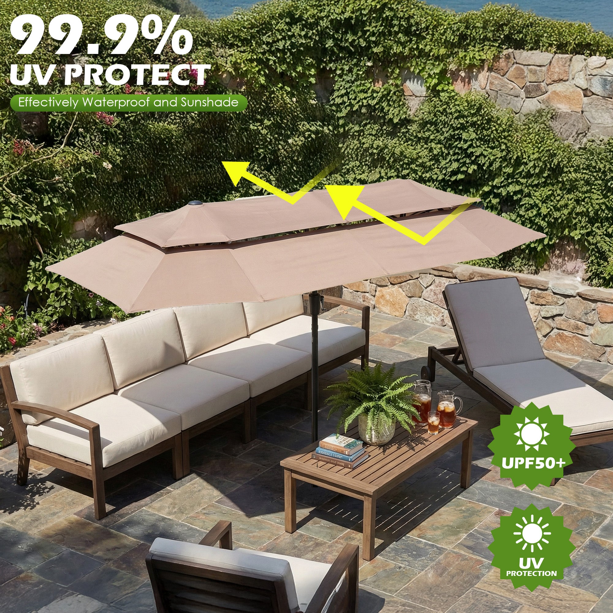 Nice C 13/15FT Large Double Sided Patio Umbrella with Crank (Khaki) | Large Market Umbrella, Wide Outdoor Shade, w/wo Base, Crank Lift, Poolside, Deck, Backyard, Patio, Garden, 13FT, 15FT