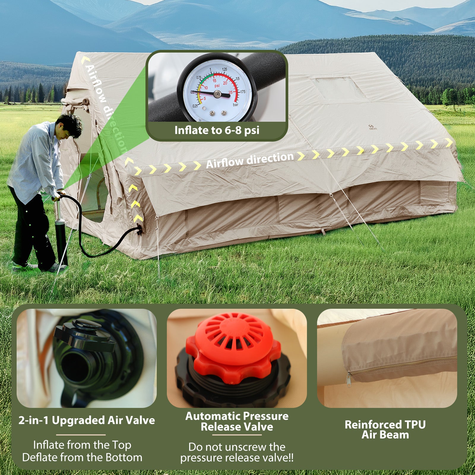Nice C 12-Person Blow-Up Tent for Camping &amp; Glamping, Adults Inflatable Tent, Waterproof, Windproof, 2-in-1 Air Valve