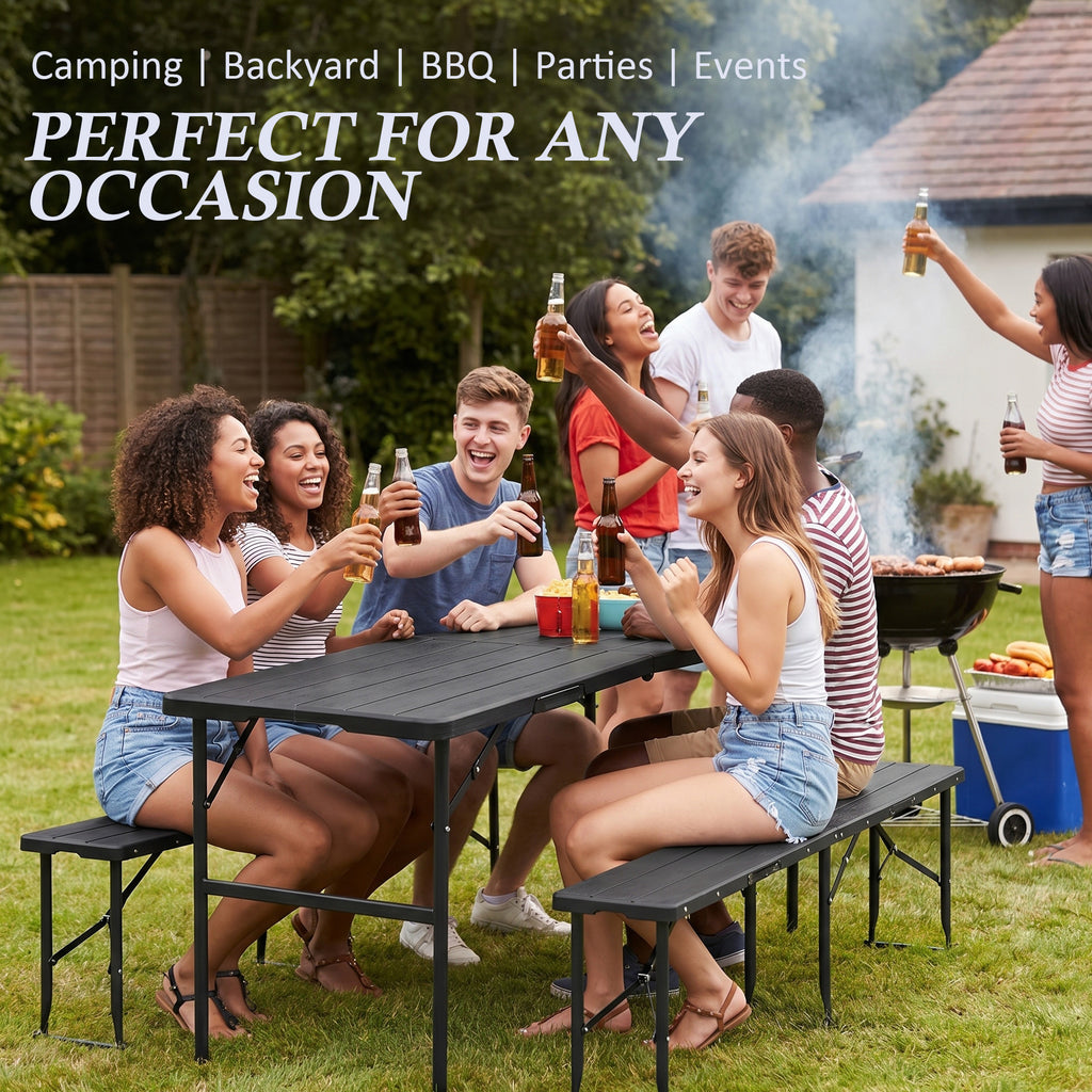 Nice C 6FT Folding Portable Picnic Table Set with 2 Benches (3 PC Black/White) | Plastic Table & Bench Set, Table With Chairs, Wood Grain Surface, Foldable, Indoor, Outdoor, Camping, Patio, Backyard, Picnic