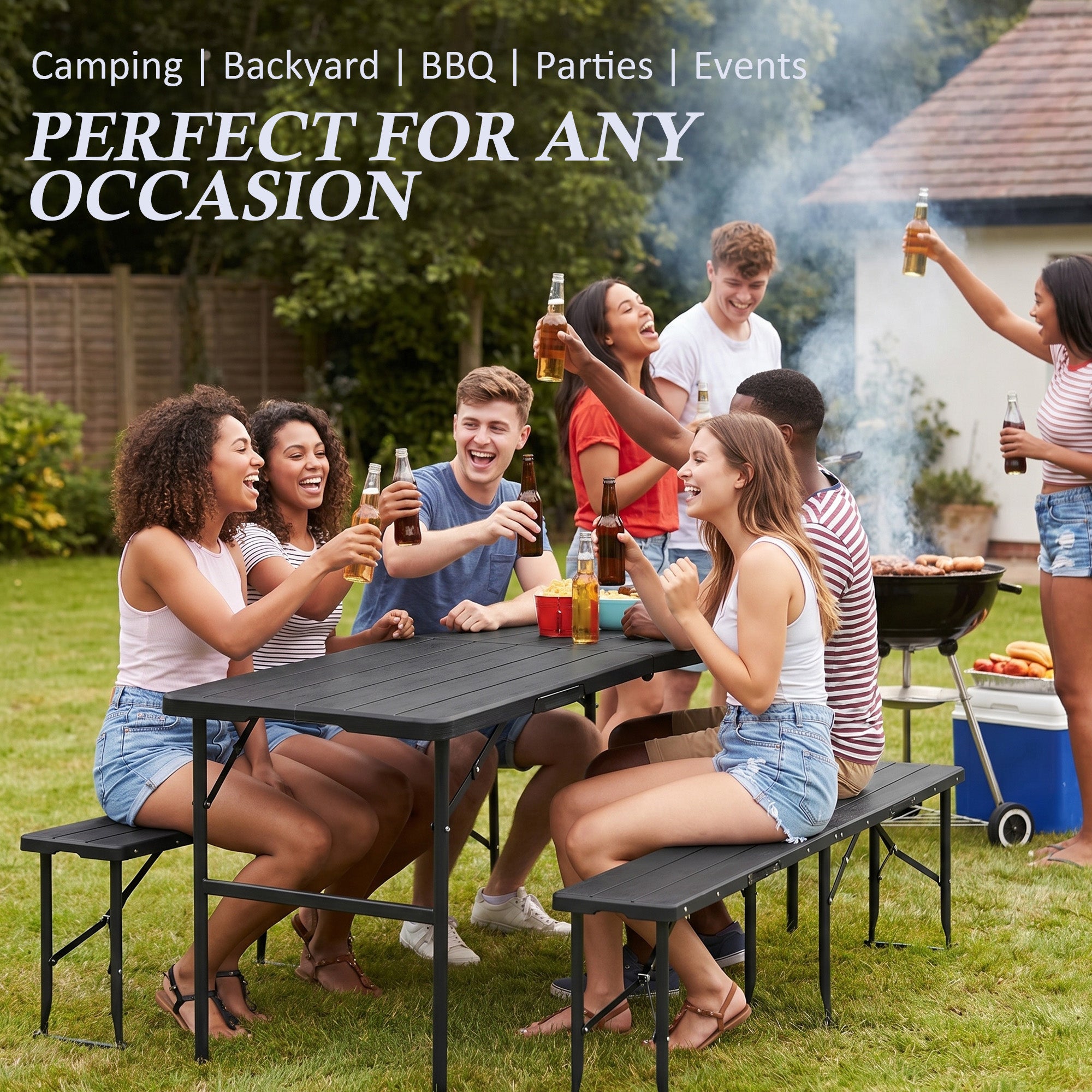 Nice C 6FT Folding Portable Picnic Table Set with 2 Benches (3 PC Black/White) | Plastic Table & Bench Set, Table With Chairs, Wood Grain Surface, Foldable, Indoor, Outdoor, Camping, Patio, Backyard, Picnic