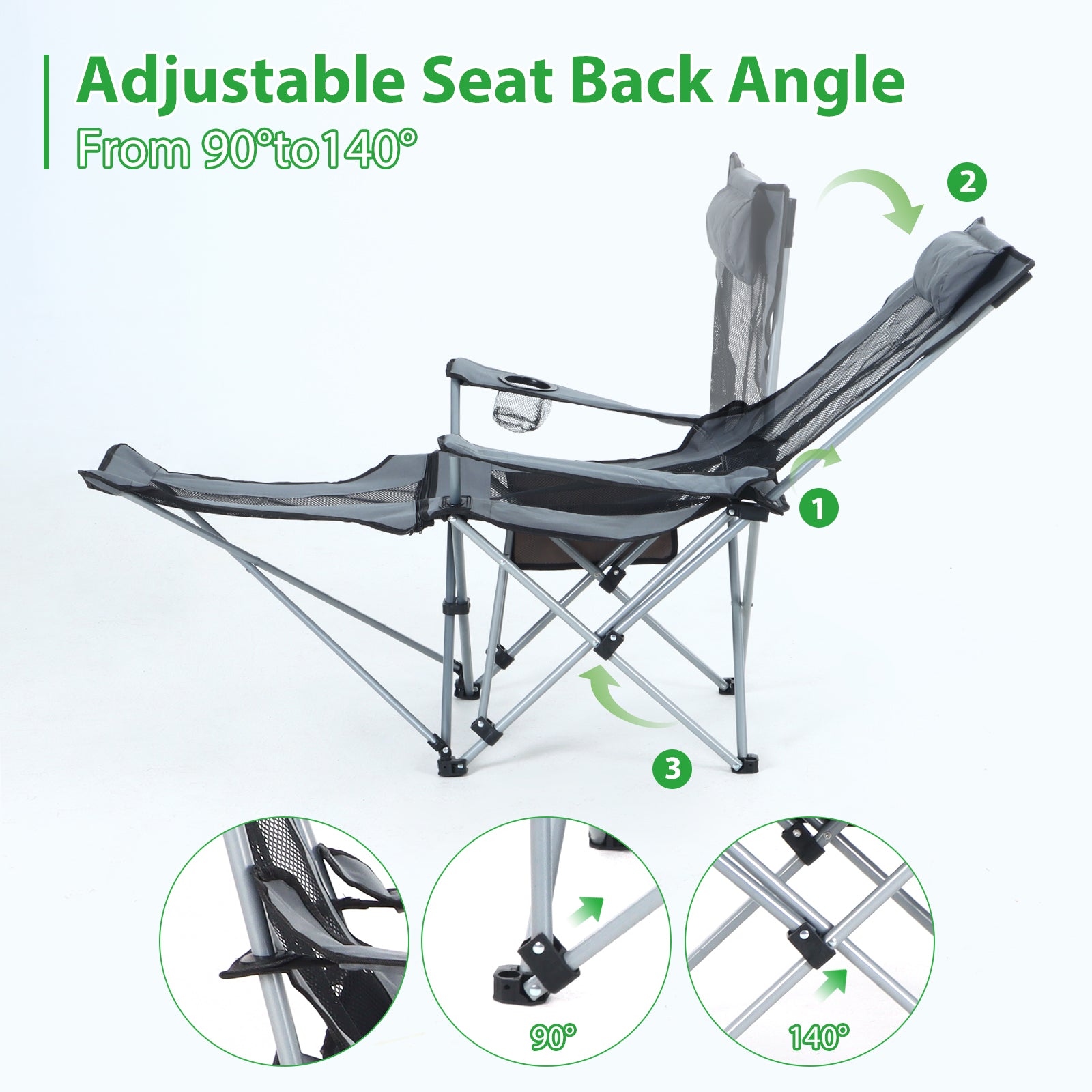 Nice C Adjustable Camping Recliner Chair with Footrest, Headrest &amp; Cup Holder 