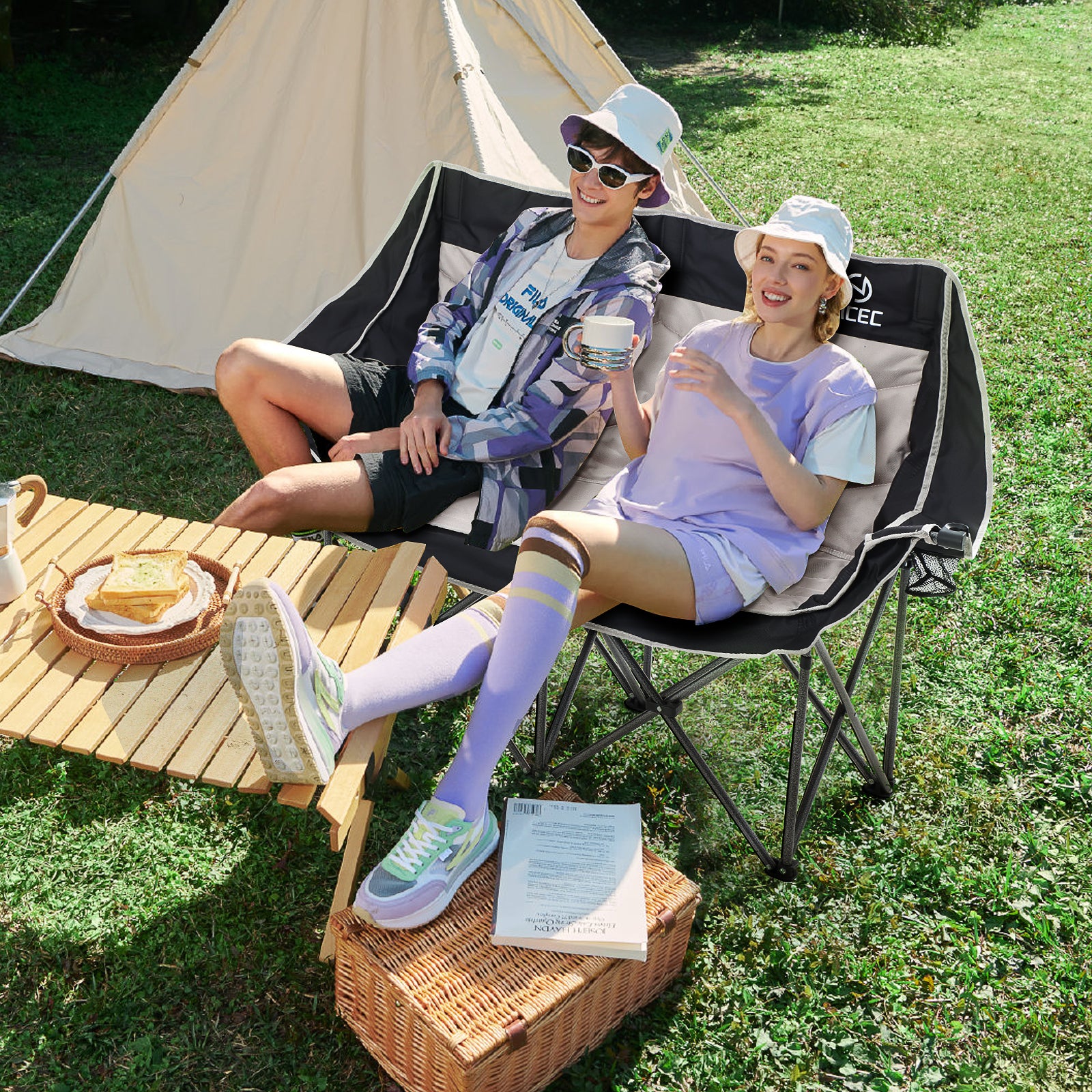 Black &amp; Gray Nice C Oversized Padded Camping Loveseat, Folding Chair with Cooler &amp; Cup Holder 