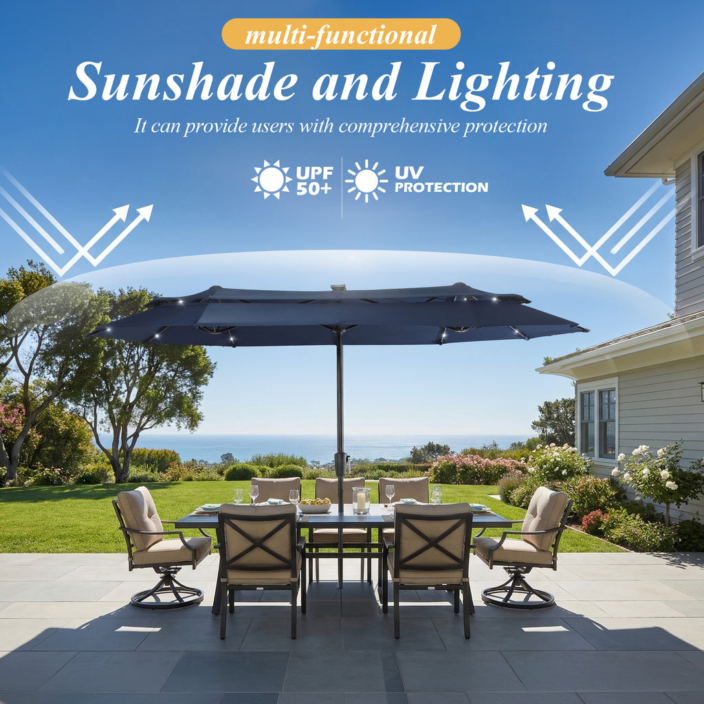 Nice C 13/15FT Lighted Double Layer Patio Umbrella with Crank (Blue) | Rectangular Market Umbrella, LED Lights, Large Outdoor Shade, Poolside, Deck, Backyard, Patio, Garden, 13FT, 15FT