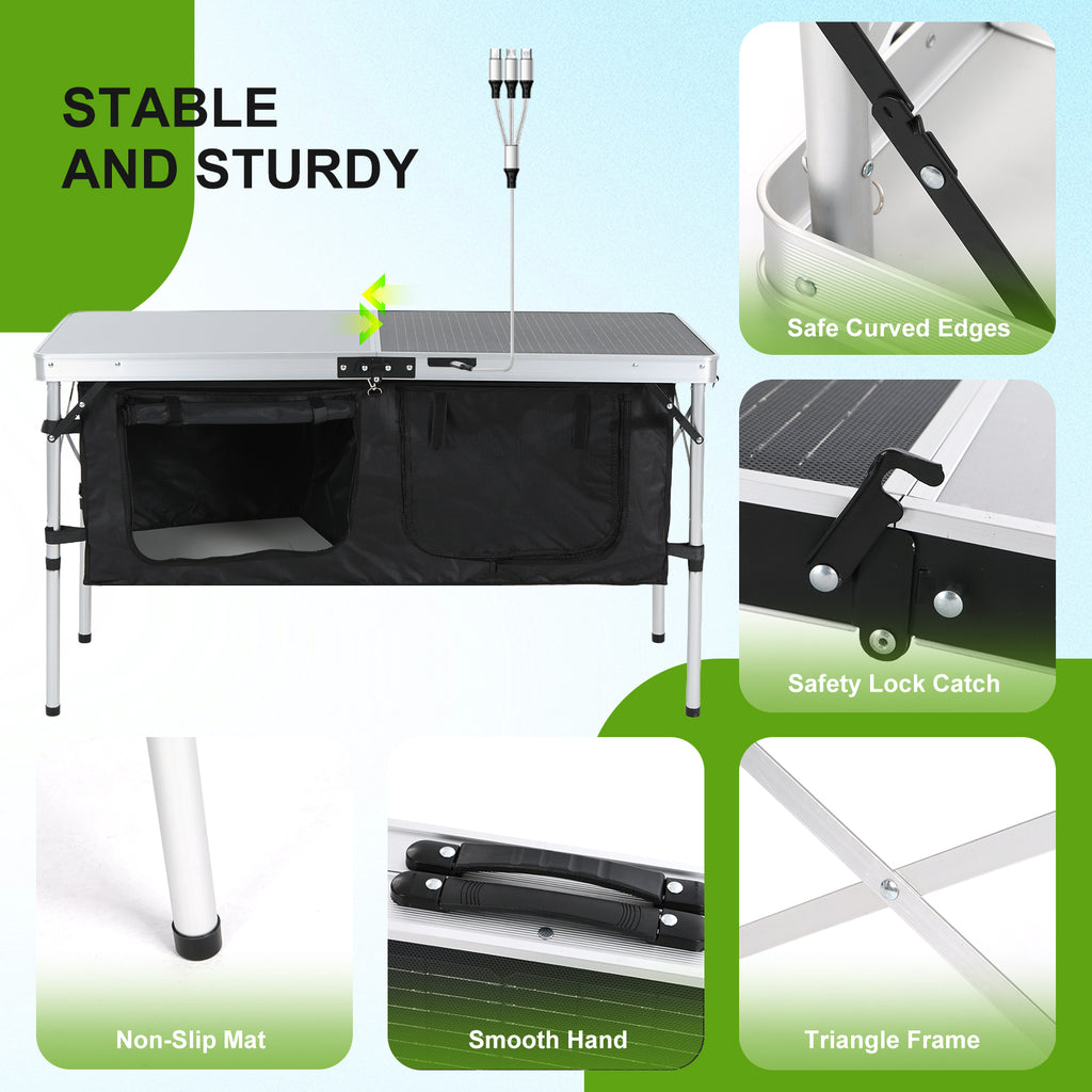 Nice C 45W Solar Folding Camping Table with Storage, USB/Type-C/DC Output, Outdoor Picnic & BBQ