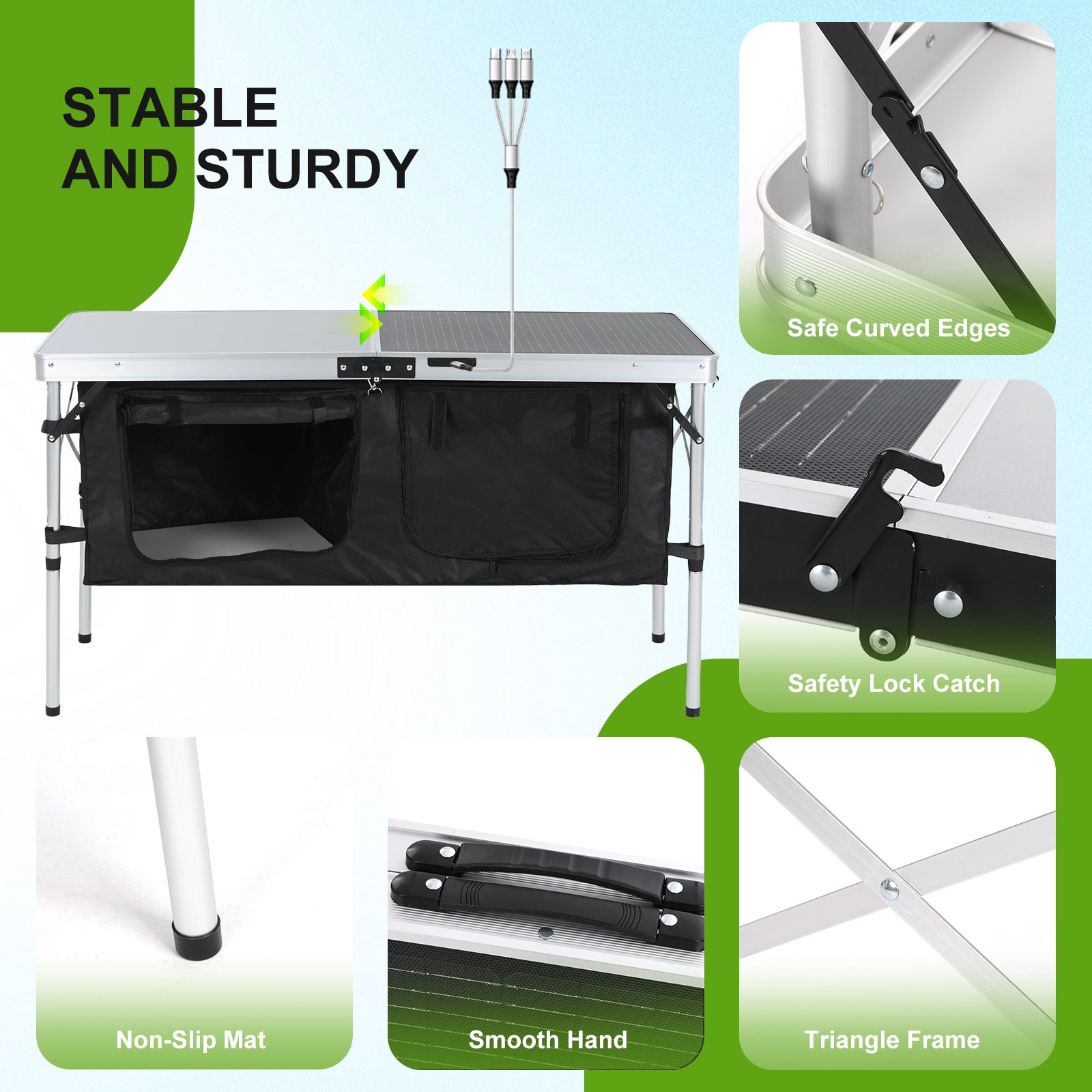 Nice C 45W Solar Folding Camping Table with Storage, USB/Type-C/DC Output, Outdoor Picnic &amp; BBQ