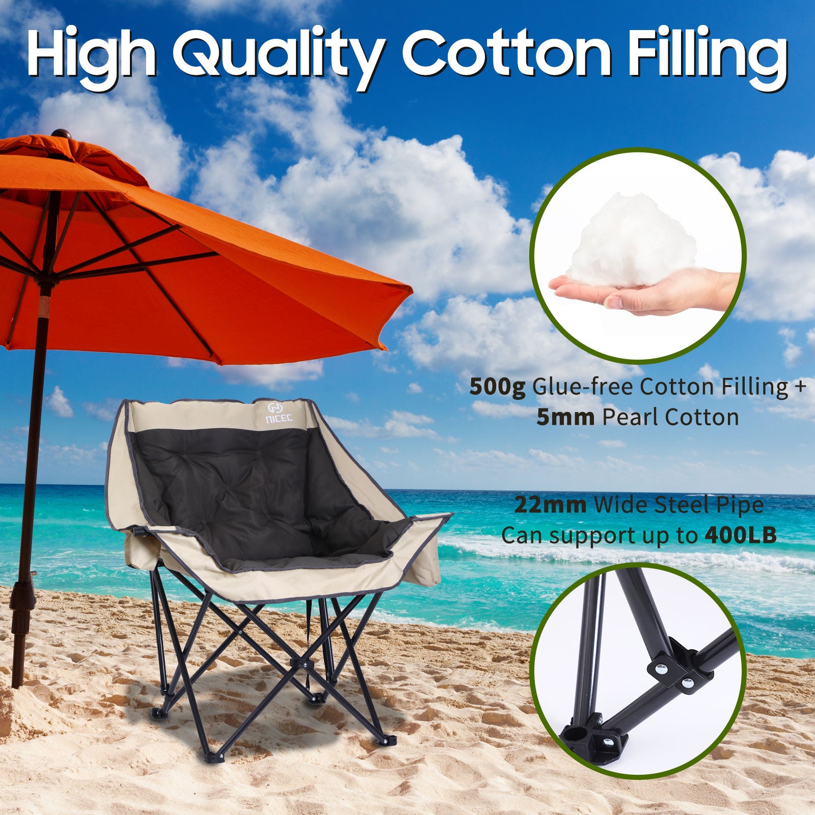 Nice C Heavy-Duty Folding Camping Chair, Thick Padded Seat with Storage &amp; Cup Holder 