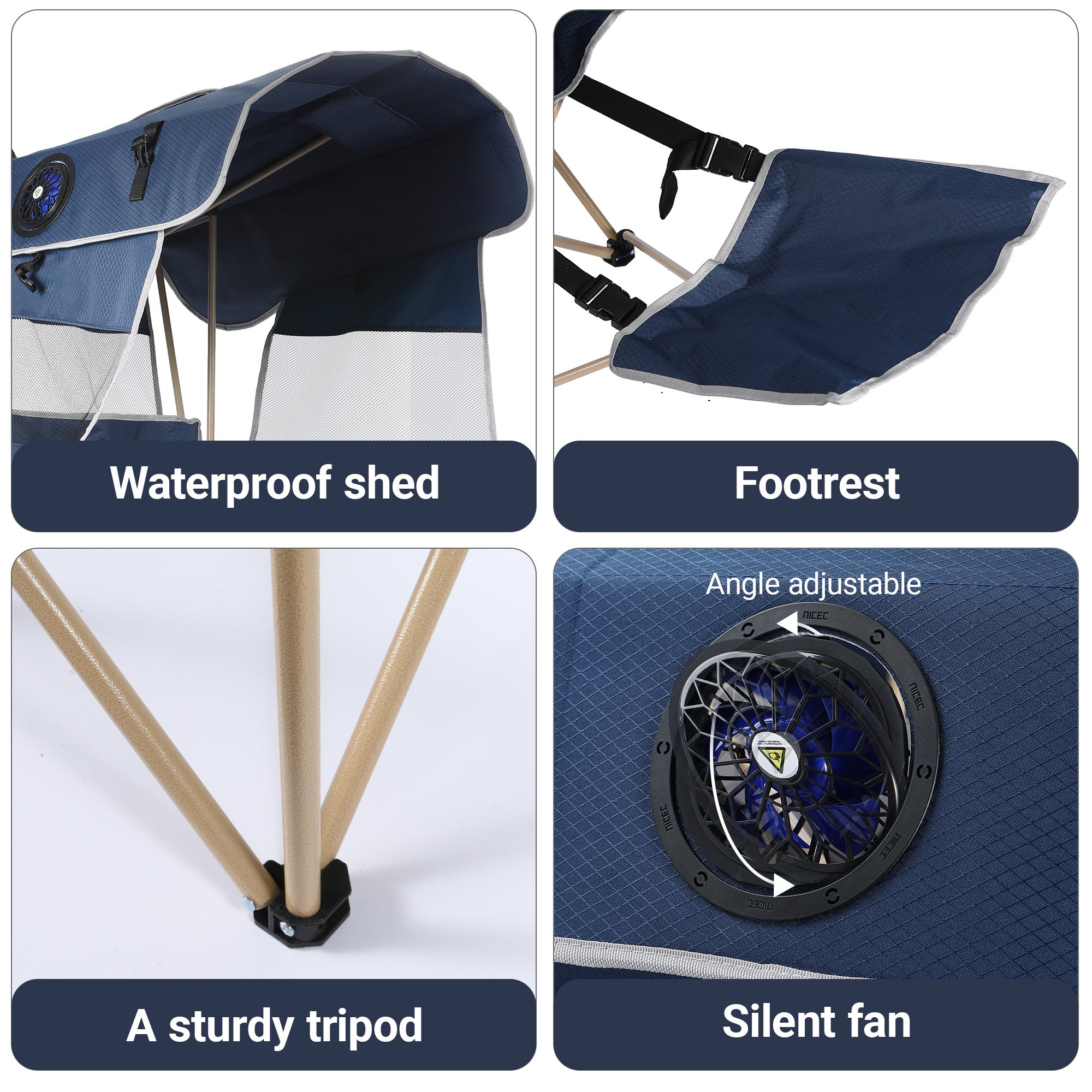 Nice C Canopy Camping Chair with Fan, Folding Umbrella Chair (1 Pack/2 Pack, Blue) | Oversized Chair, USB Powered Cooling Chair, Canopy, Footrest, Side Shade, Outdoor, Camping, Sports, Beach