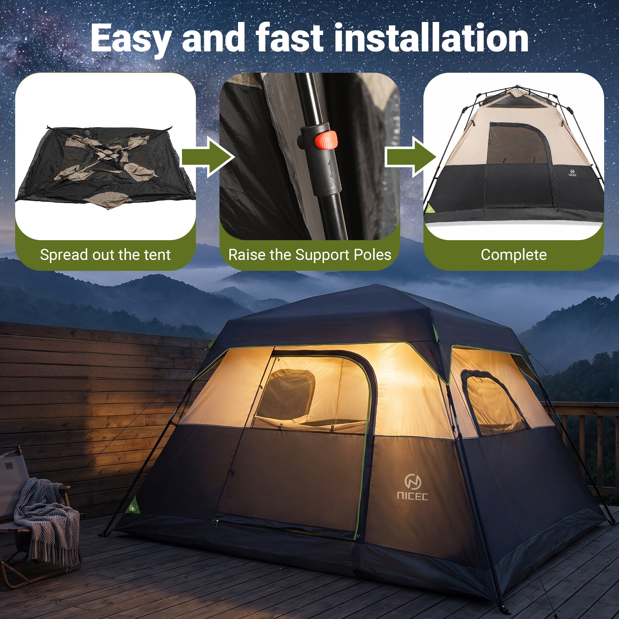Nice C Instant 4/6/8 Person Camping Cabin Tent | Easy Setup, Waterproof Outdoor Shelter, With Rainfly, Carry Bag, For Camping, Backyard, Festival, Family