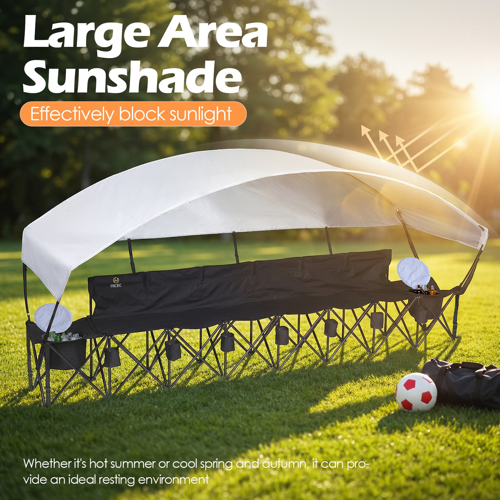 Nice C 6 Seat Folding Team Bench with Canopy & Cooler (Black) | Sun Shade, Portable Soccer Bench, Canopy Chair, Cup Holders, Cooler Bag, Soccer, Football, Basketball, Camping, Events