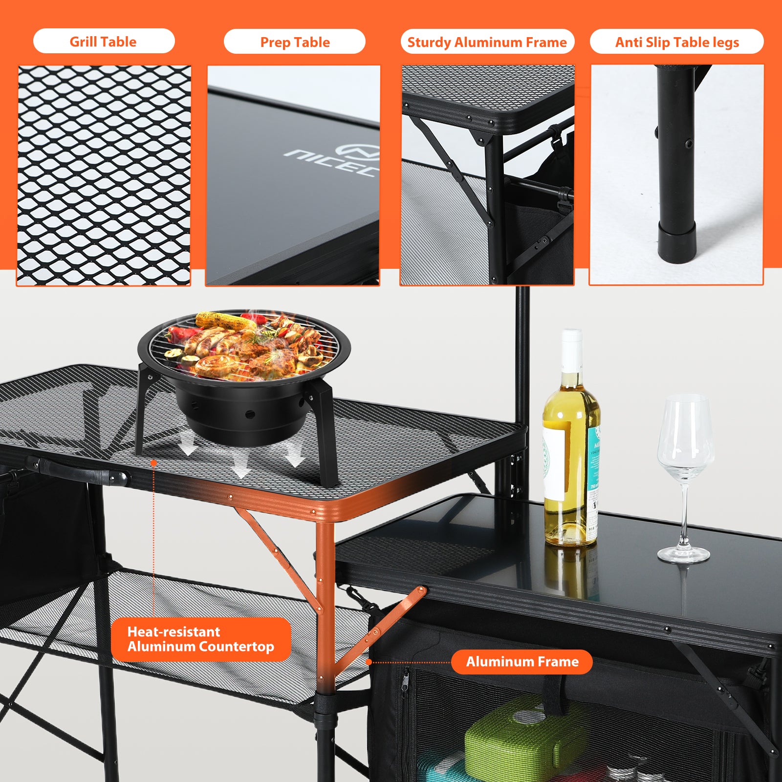 Nice C Camping Kitchen Table, Portable Folding Camp Cook Station (Black) | Grill Table for Blackstone Griddles, Storage Organizer, Light Pole, Outdoor, Picnic, Beach, RV Traveling