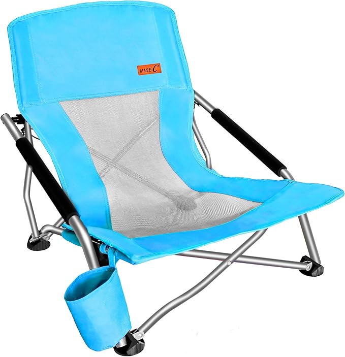 Nice C Folding Low Beach Chair for Adults – Sling Seat with Cup Holder