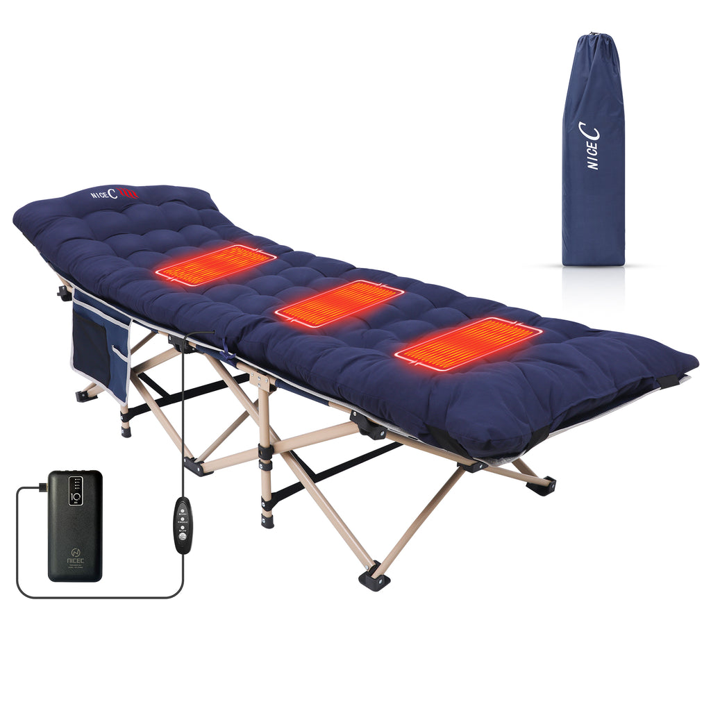 Nice C Heated Camping Cot with Battery, Cot with Mattress (1 Pack/2 Pack Blue/Grey) | Folding Cot for Adults, Cushion, Pillow, Extra Wide, 500 lb Capacity, Carry Bag, Storage Pocket