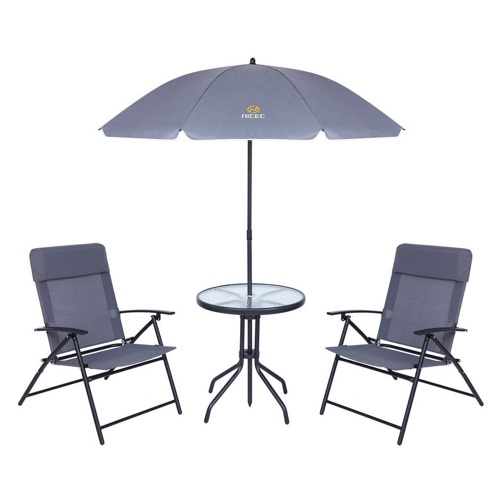 Nice C 4 Piece Patio Furniture Set with Umbrella, Outdoor Dining Set (Grey) | Patio Furniture Set, Patio Table And Chairs, 4-Piece Garden Set, Glass Table, 2 Folding Chairs