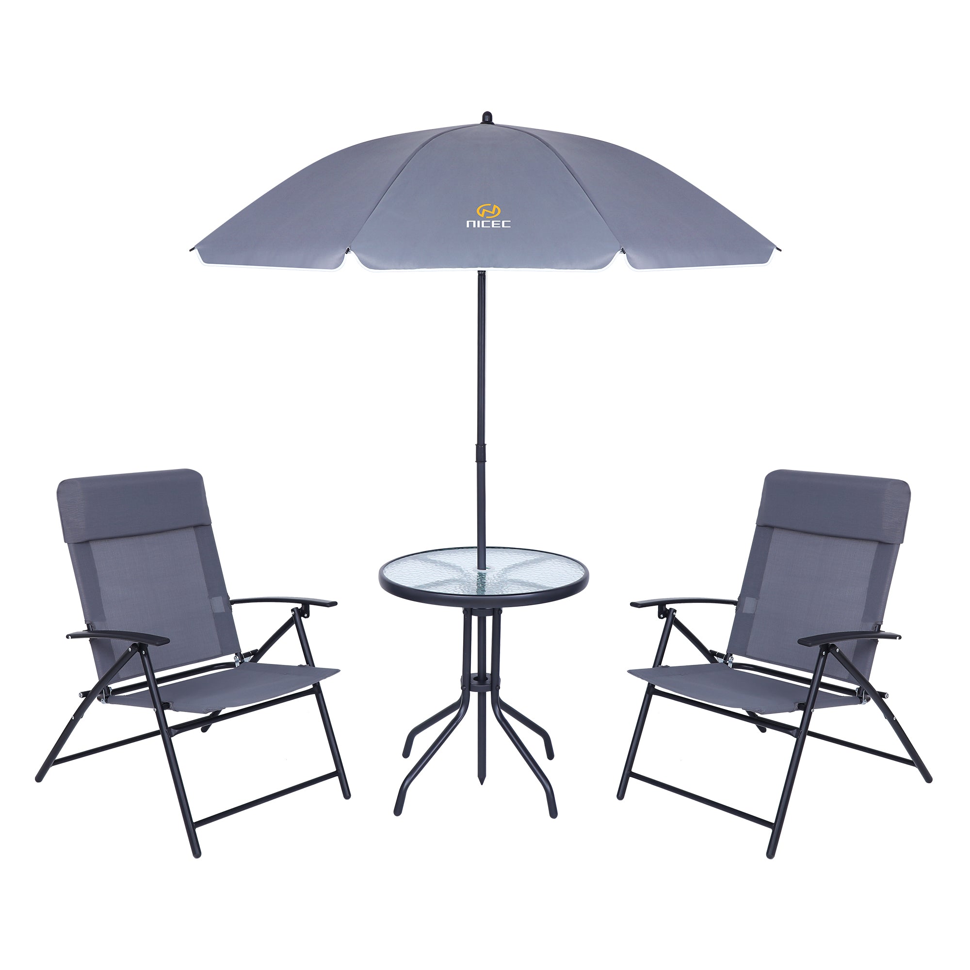 Nice C 4 Piece Patio Furniture Set with Umbrella, Outdoor Dining Set (Grey) | Patio Furniture Set, Patio Table And Chairs, 4-Piece Garden Set, Glass Table, 2 Folding Chairs