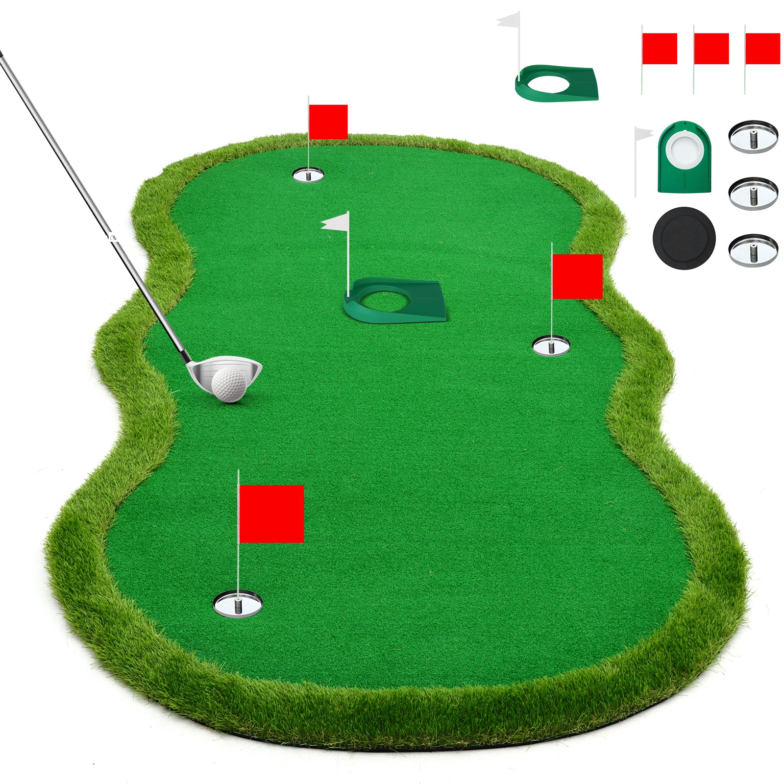 Nice C 5x10 ft Putting Green Mat – Indoor &amp; Outdoor Golf Simulator with 3 Holes, Flags &amp; Challenge Cup 
