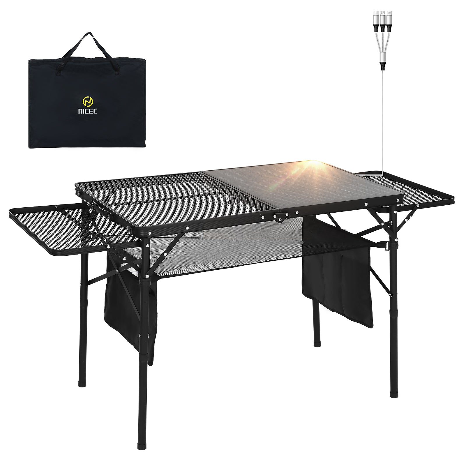Nice C Solar-Powered Camping Table, USB/Type-C/DC Charging, Mesh Storage, Cup Holders