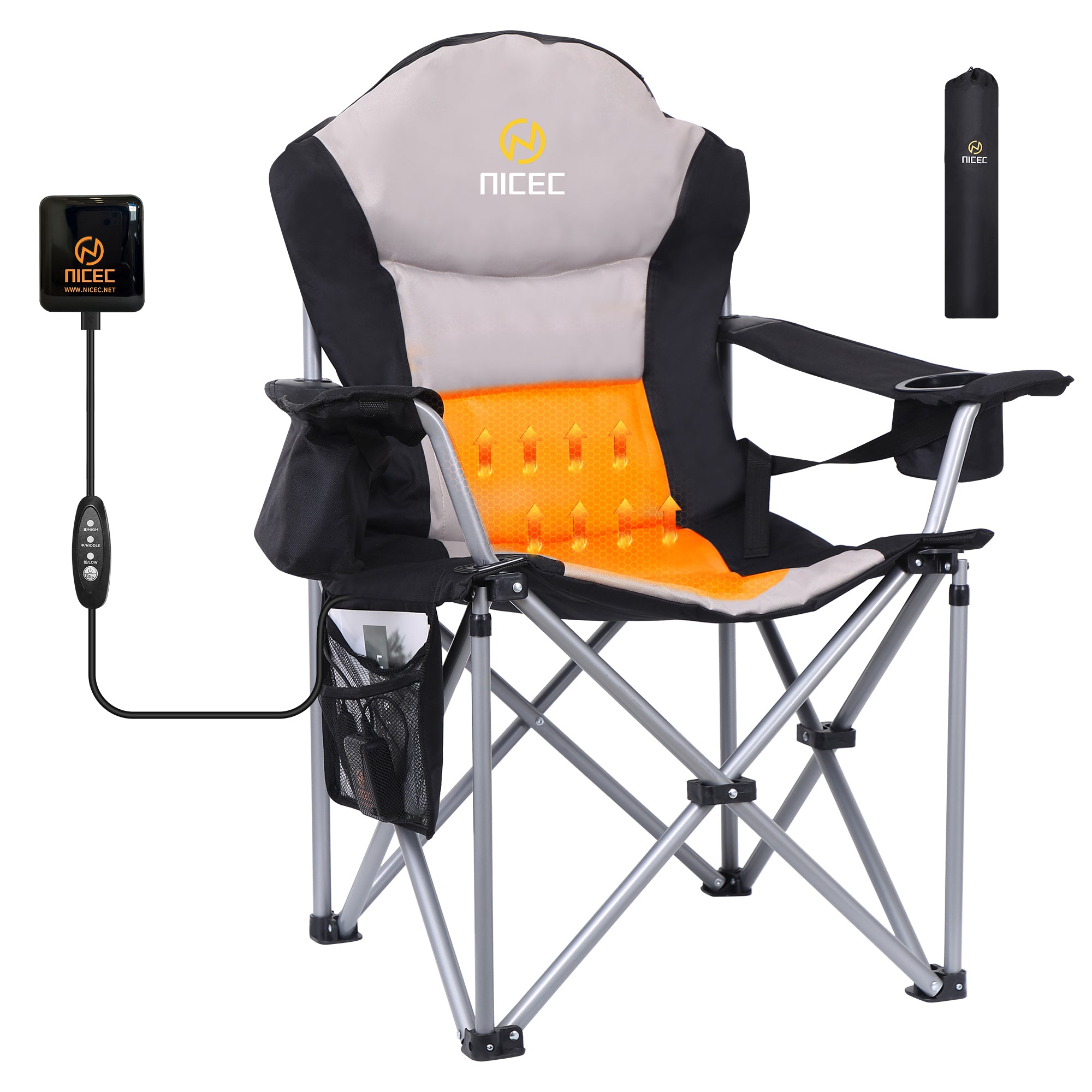 Nice C Heated Camping Chair with 10000mAh Power Bank, Heavy Duty Folding Chair with Cooler &amp; Carry Bag 