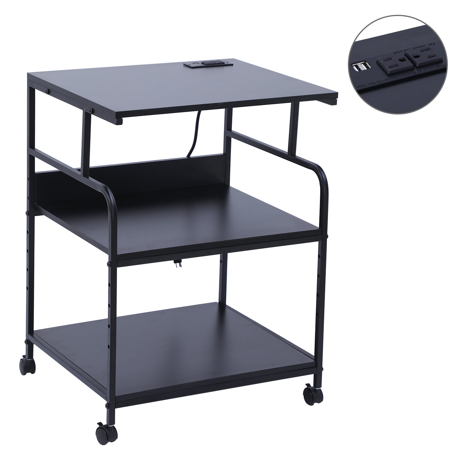 Nice C Printer Stand, Mobile Printer Cart, 3-Tier Printer Storage Rack with Charging Station and Roller for Office, Home (Black)