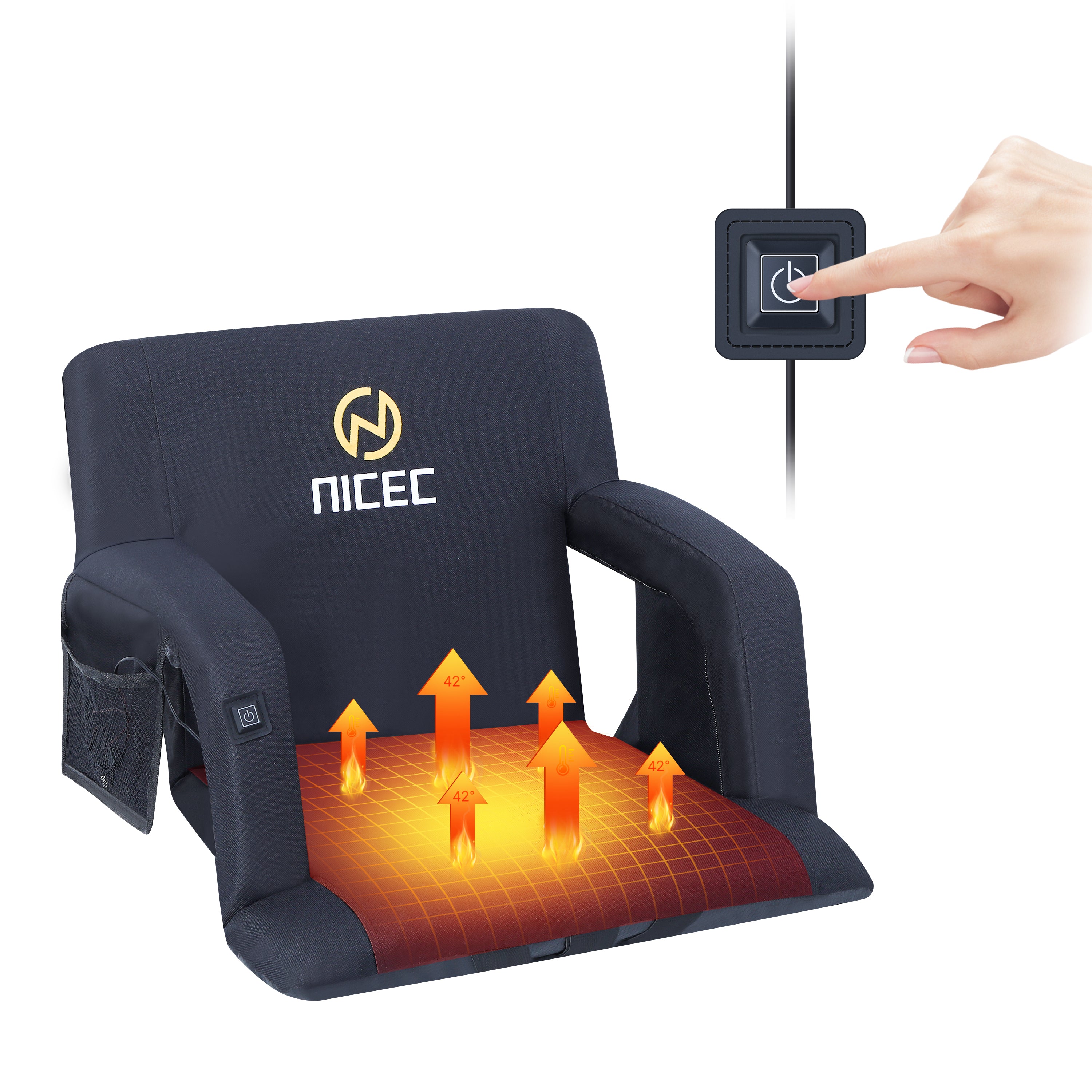Nice C Heated Stadium Seat, Bleacher Chair with Back Support  Reclining Stadium Cushion, Foldable Floor Chair, Shoulder Straps, Side Pockets, Thick Padding, Heat