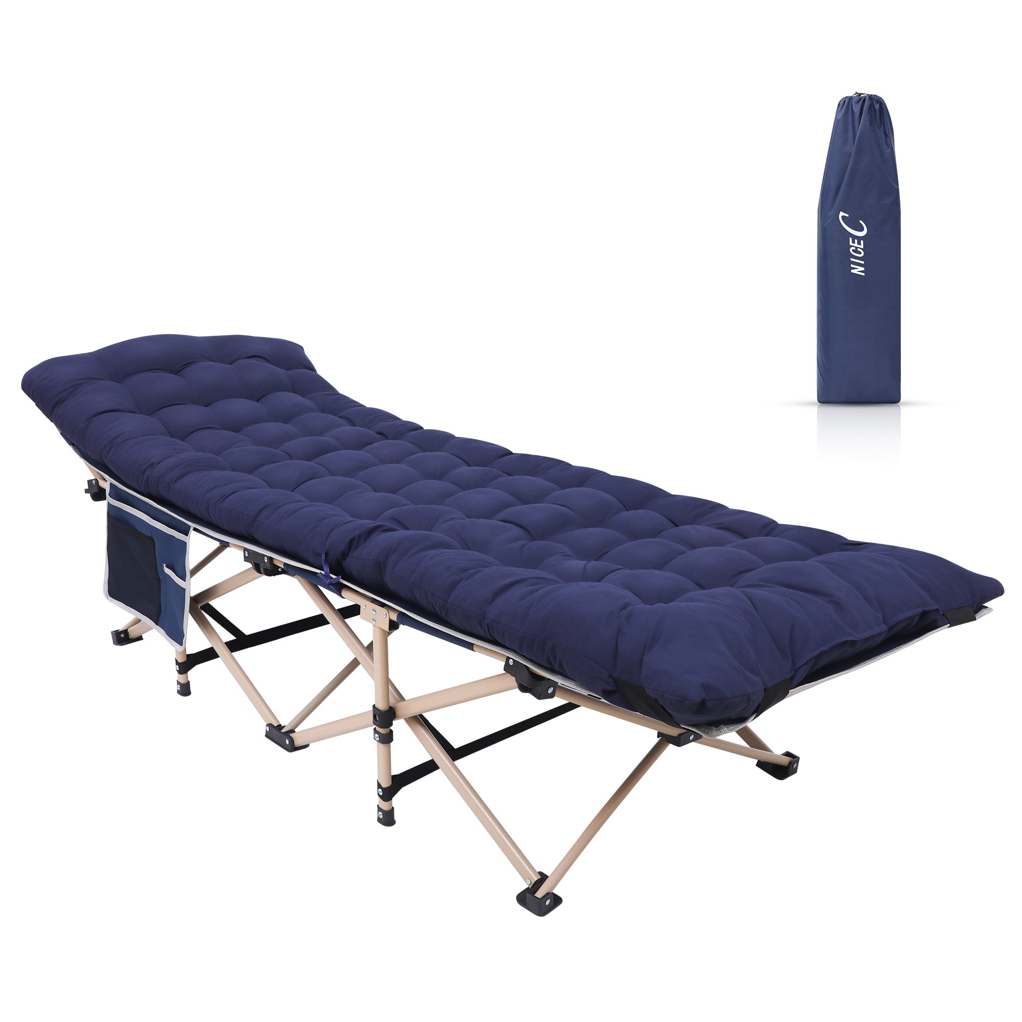 Nice C Camping Cot with Cushion, Folding Cot with Mattress\ Camping Bed with Pillow, Mattress Included, Extra Wide, 500 lb Capacity, Carry Bag, Storage Pocket