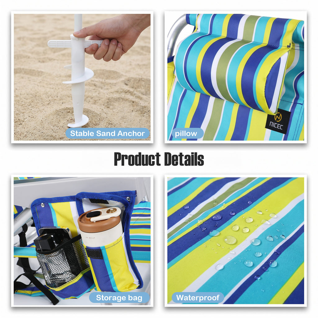 Nice C Backpack Beach Chair with Umbrella, Stripe Sand Lake Chair (1 Pack/2 Pack) | Low Beach Chair, Backpack Beach Chair, Sillas De Playa, High Back, Cooler, Cup Holder, Heavy Duty, Adults
