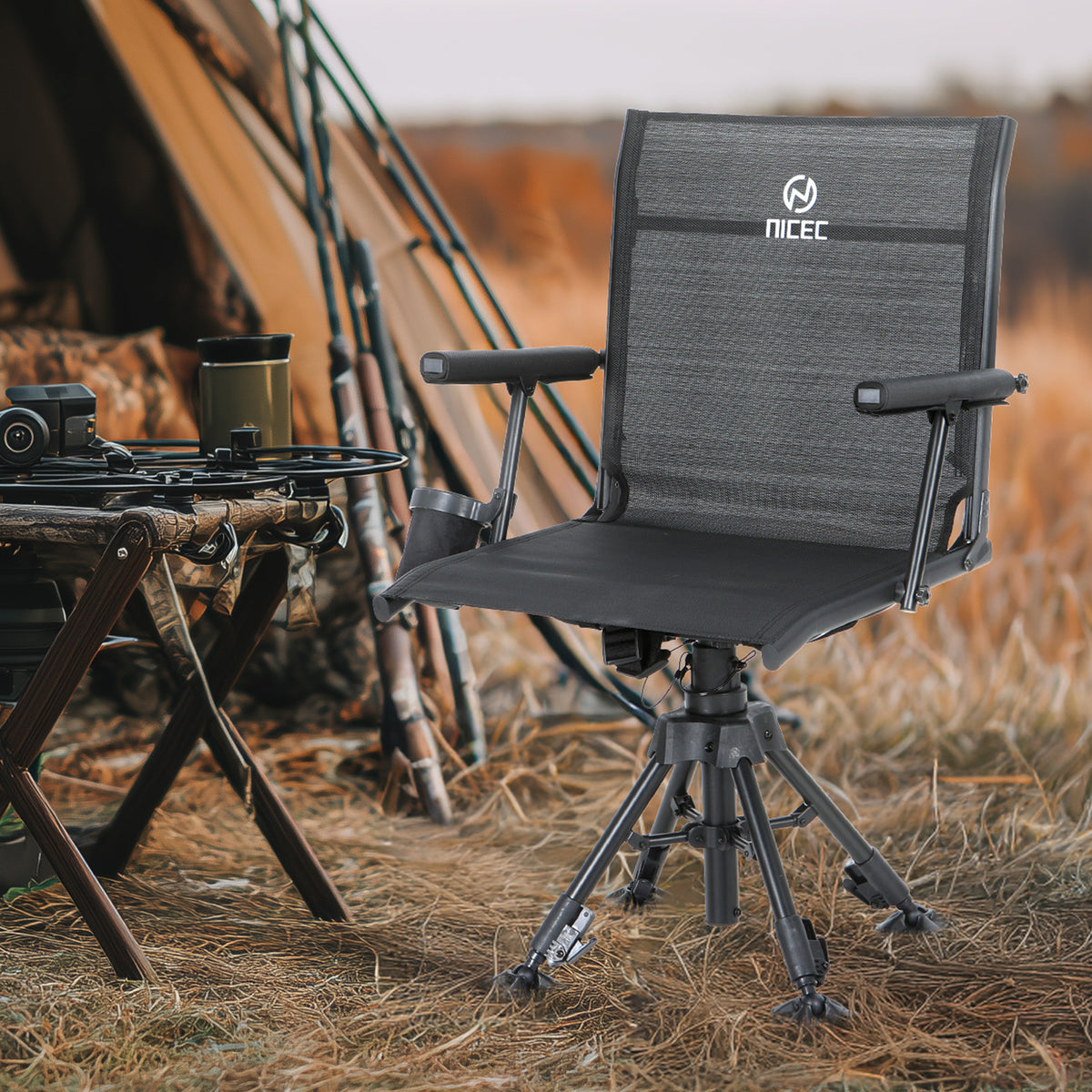 Nice C chair beside a tent in an autumn campsite