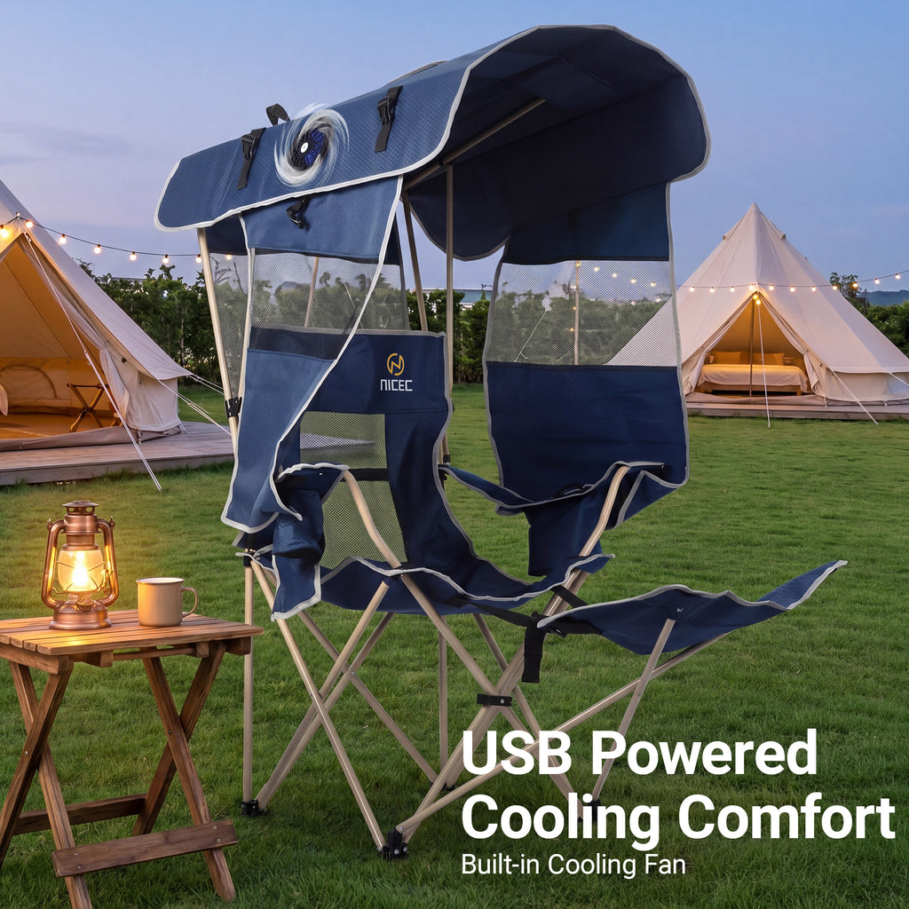 Nice C Canopy Camping Chair with Fan, Folding Umbrella Chair (1 Pack/2 Pack, Blue) | Oversized Chair, USB Powered Cooling Chair, Canopy, Footrest, Side Shade, Outdoor, Camping, Sports, Beach
