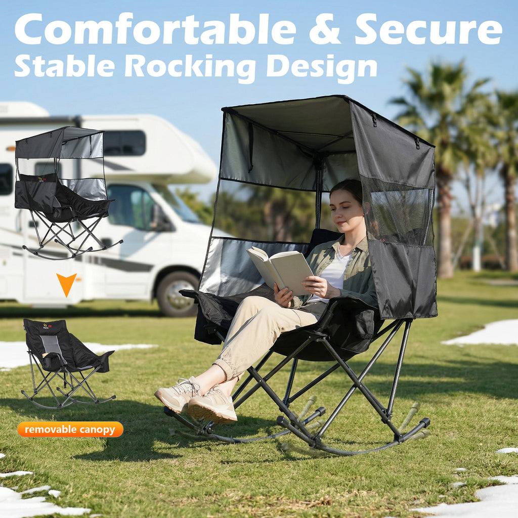 Nice C Heated XL Rocking Camping Chair with Canopy (1 Pack/2 Pck Heating, Black) | Outdoor Chair, Folding Rocker, Umbrella Chair, With Shade, Cup Holder, Cooler Bag, Sports, Patio, Backyard