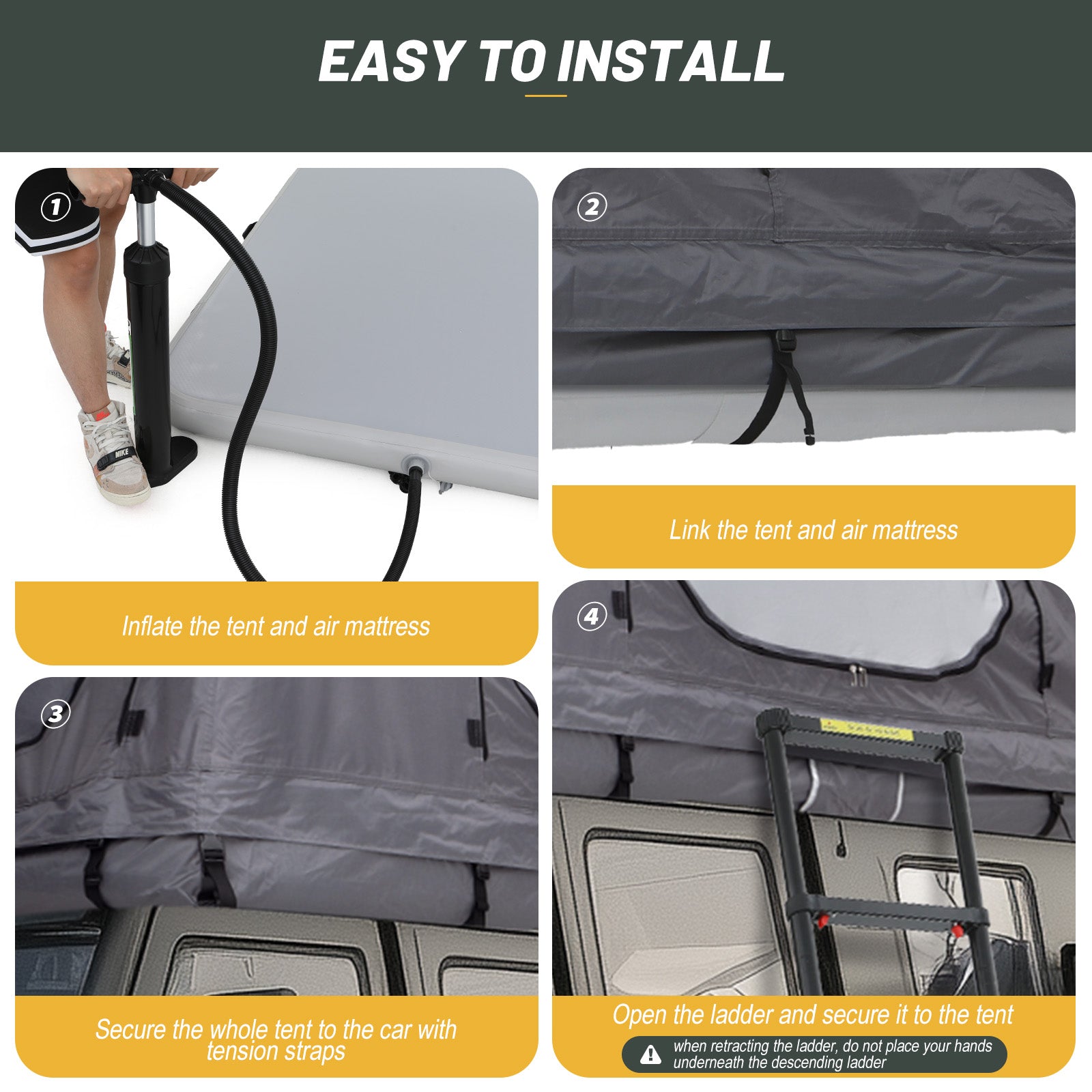 Nice C Inflatable Rooftop Tent, Black & Grey SUV Camping Tent with Mattress, Ladder & Pump, Waterproof Overland Design
