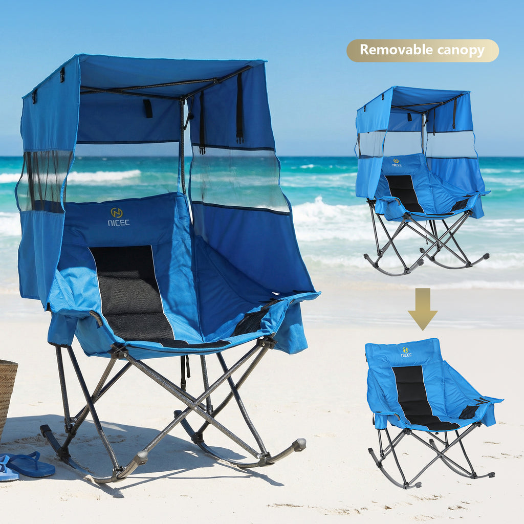 Nice C XL Rocking Camping Chair with Canopy, Folding Rocker (1 Pack/2Pack) | Oversized Outdoor Chair, Umbrella Chair, With Shade, Cup Holder, Cooler Bag, Carry Bag, Sports, Patio, Backyard