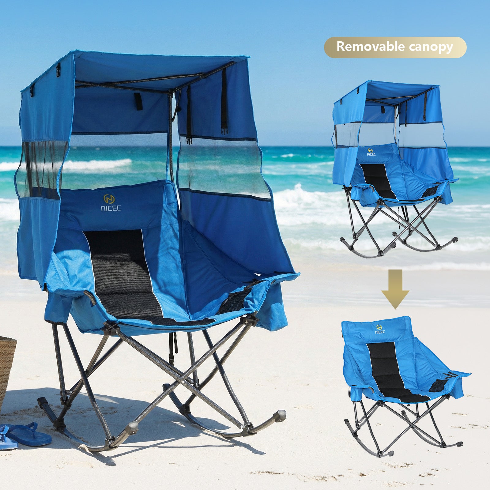 Nice C XL Rocking Camping Chair with Canopy, Folding Rocker (1 Pack/2Pack) | Oversized Outdoor Chair, Umbrella Chair, With Shade, Cup Holder, Cooler Bag, Carry Bag, Sports, Patio, Backyard