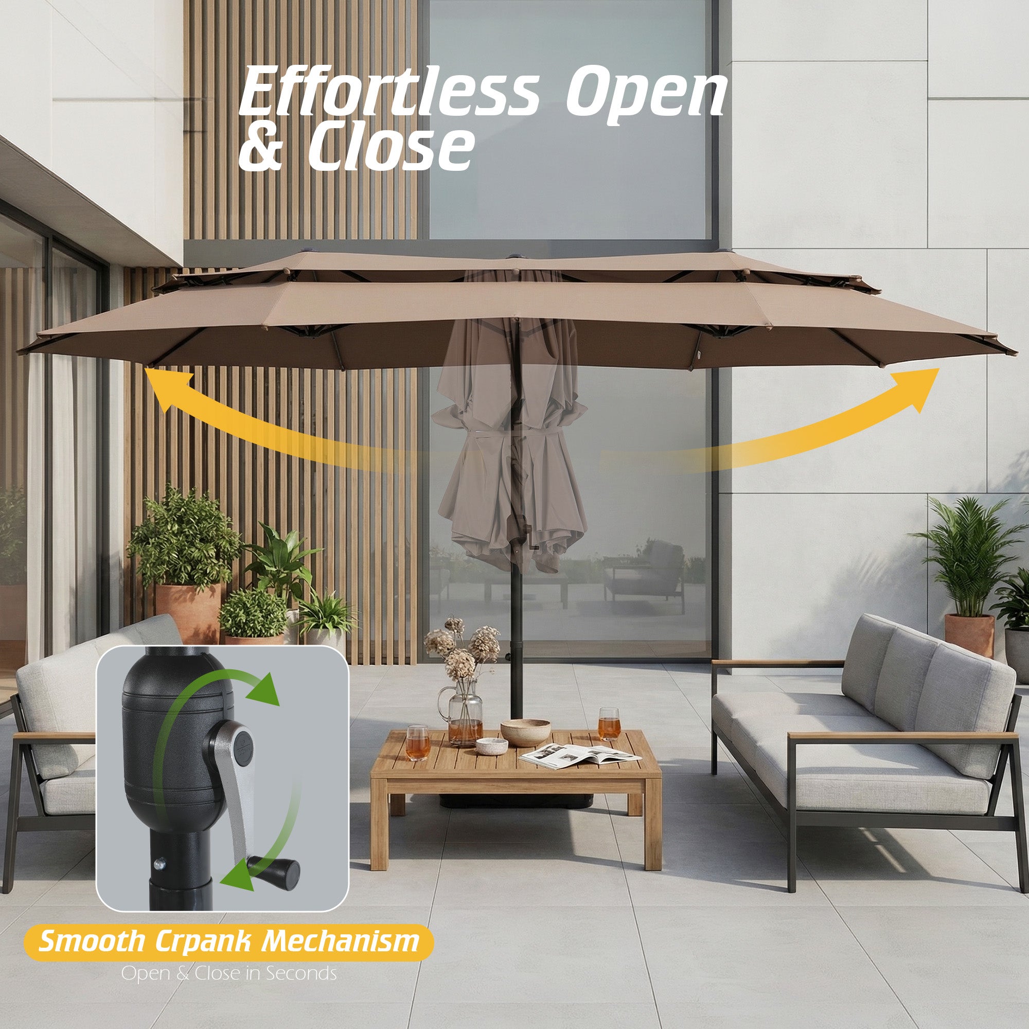 Nice C 13/15FT Large Double Sided Patio Umbrella with Crank (Khaki) | Large Market Umbrella, Wide Outdoor Shade, w/wo Base, Crank Lift, Poolside, Deck, Backyard, Patio, Garden, 13FT, 15FT
