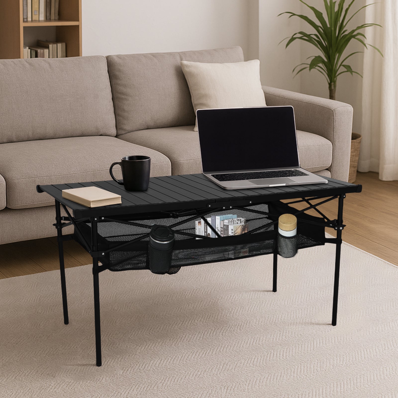 Nice C Portable Folding Camping Table – Lightweight Aluminum with Mesh Net & Cup Holder (Black)