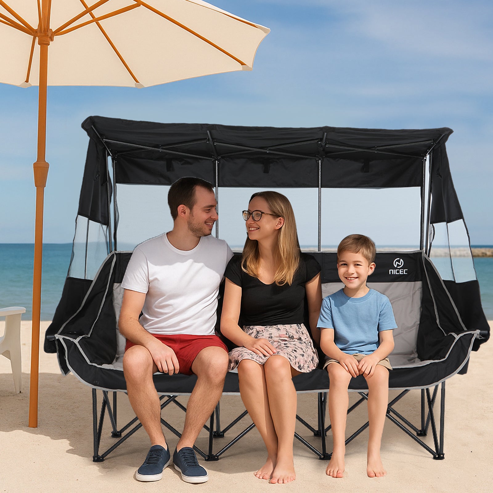 Nice C Triple Camping Loveseat with Shade, Folding 3-Seat Outdoor Chair with Cooler Bag &amp; Cup Holders, Padded for Comfort