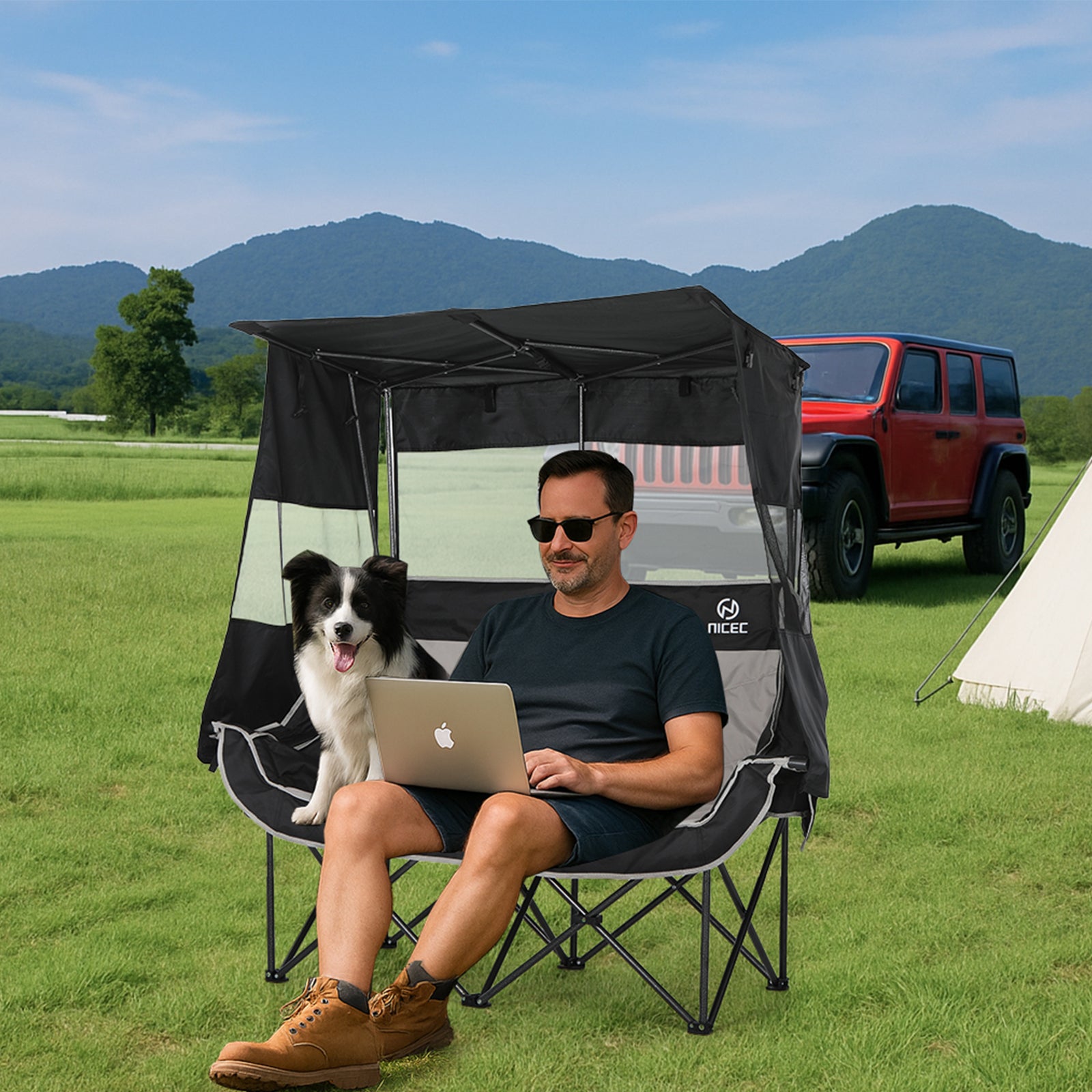 Nice C Double Loveseat Camping Chair with Sun Shade – Portable Folding Outdoor Chair with Cooler, Cup Holders &amp; Storage Pockets for Picnic, Lawn, Sports, Beach 