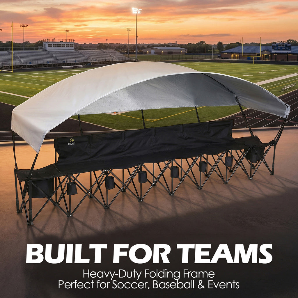 Nice C 6 Seat Folding Team Bench with Canopy & Cooler (Black) | Sun Shade, Portable Soccer Bench, Canopy Chair, Cup Holders, Cooler Bag, Soccer, Football, Basketball, Camping, Events
