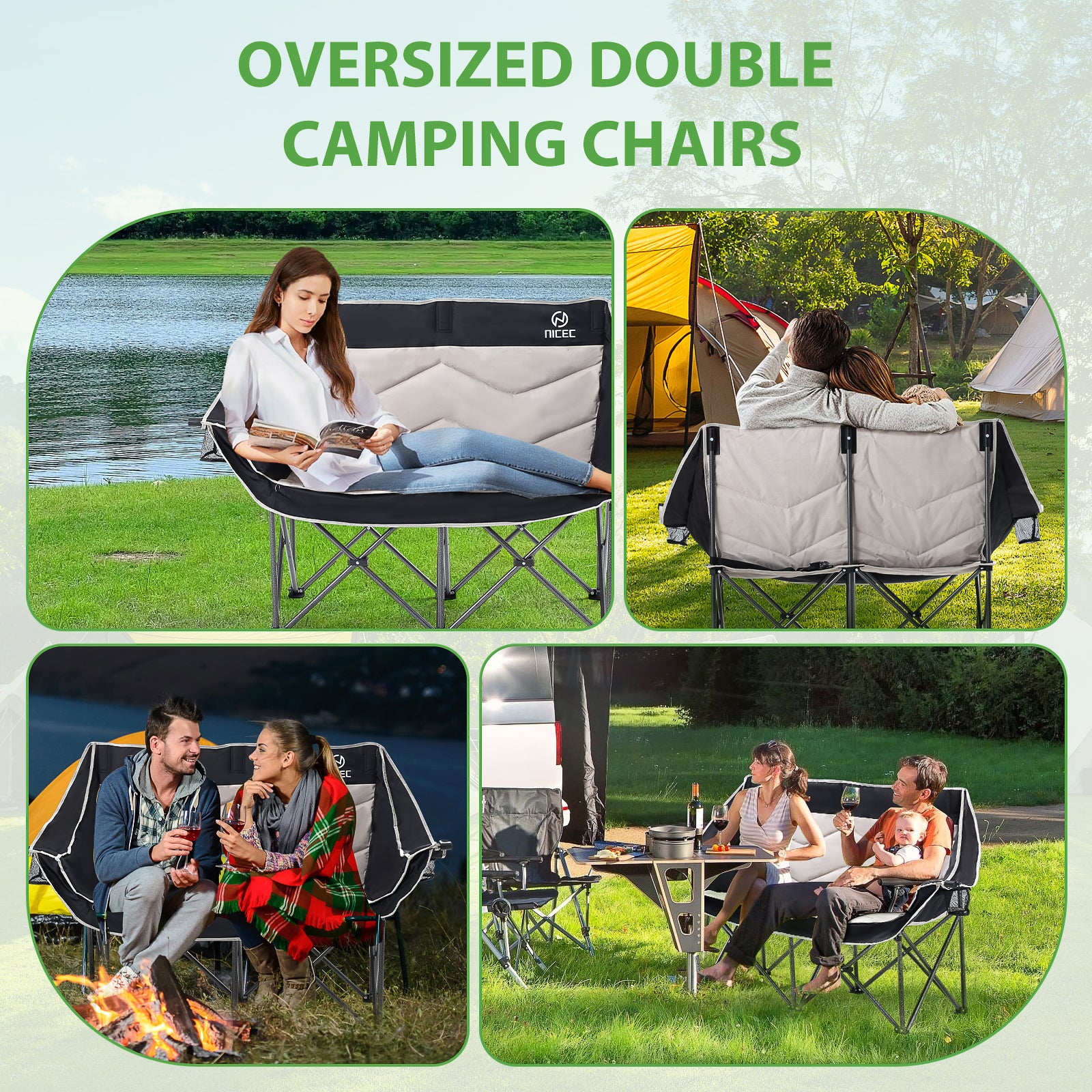 Black &amp; Gray Nice C Oversized Padded Camping Loveseat, Folding Chair with Cooler &amp; Cup Holder 