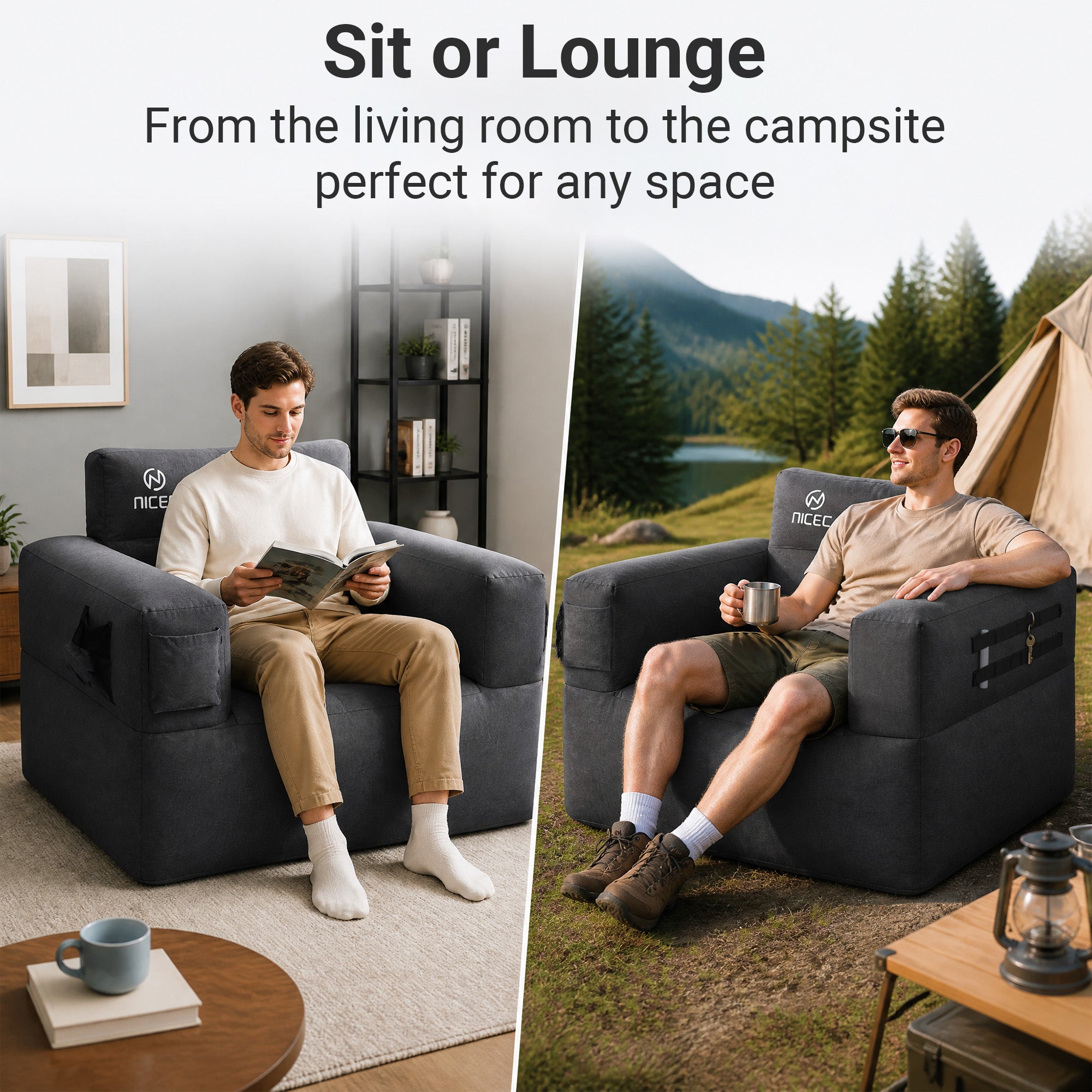 Nice C Inflatable Blow Up Camping Couch with Built-in Pump (1/2 Person) | Portable Inflatable Sofa, Built-in Electric Pump, Cup Holder, Storage Pocket, MOLLE Straps, Camping, Outdoor Lounger, Adults