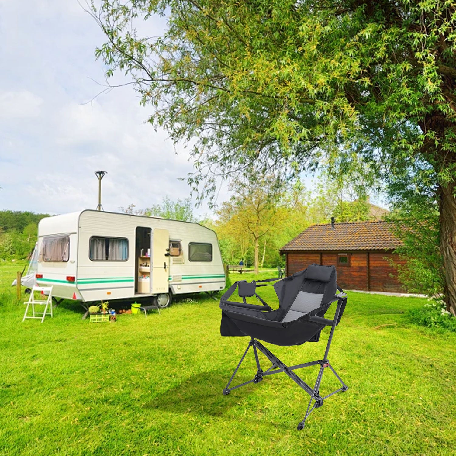 Nice C Swinging Hammock Chair, High Back Camping Chair with Stand and Storage 