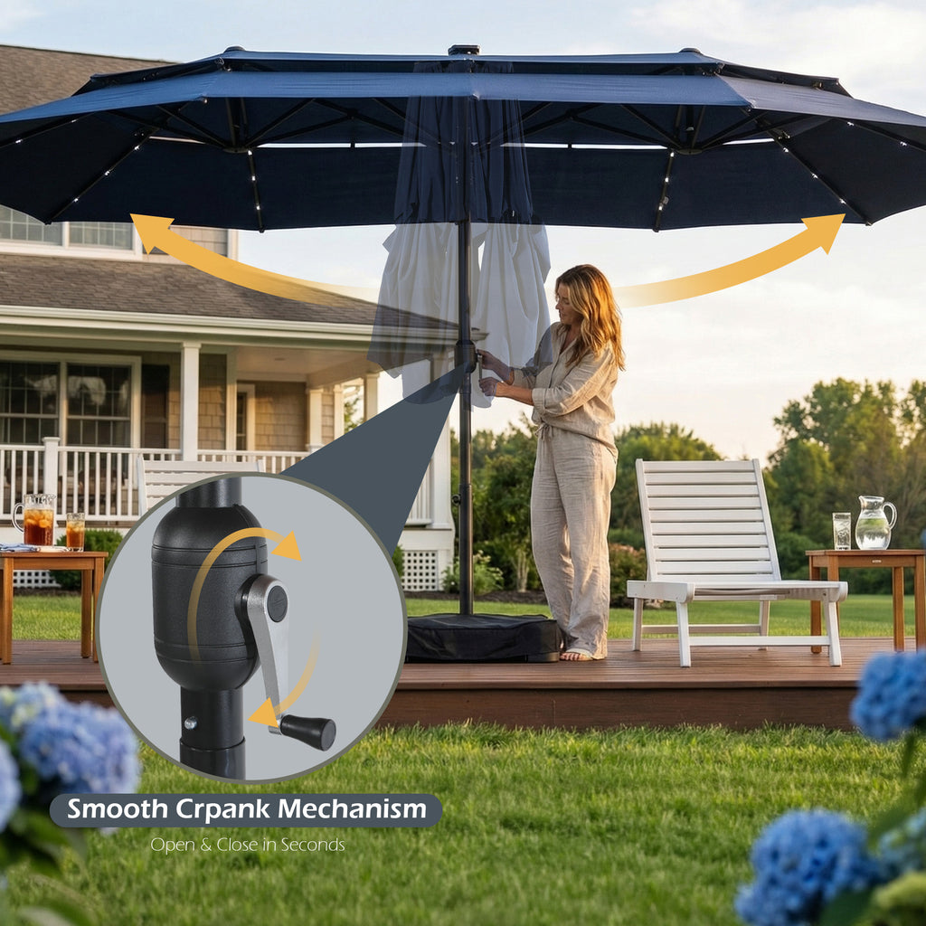 Nice C 13/15FT Lighted Double Layer Patio Umbrella with Crank (Blue) | Rectangular Market Umbrella, LED Lights, Large Outdoor Shade, Poolside, Deck, Backyard, Patio, Garden, 13FT, 15FT