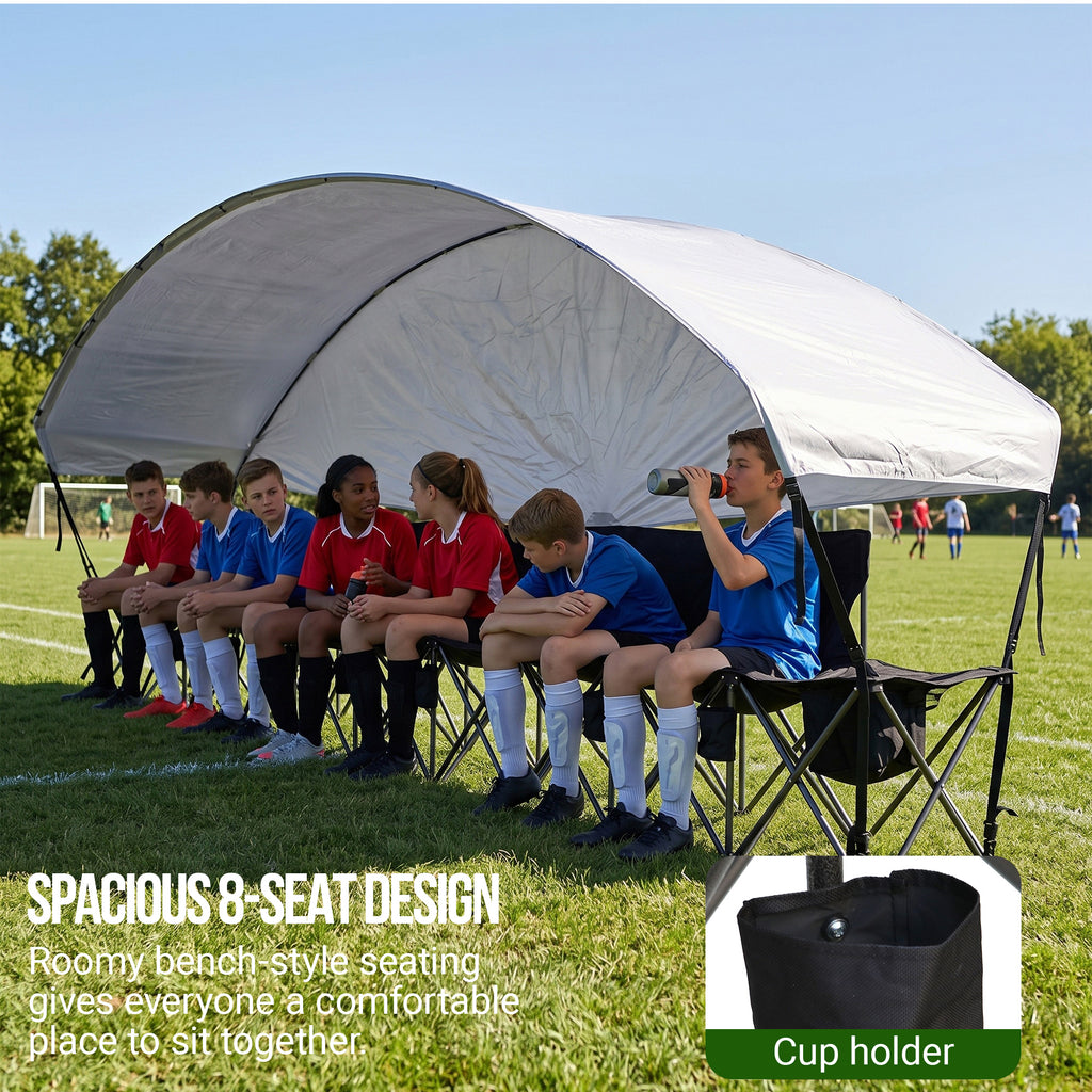 Nice C 4/6/8 Seat Folding Team Bench with Canopy & Cooler (Black) | Sun Shade, Portable Soccer Bench, Canopy Chair, Cup Holders, Cooler Bag, Soccer, Football, Basketball, Camping, Events
