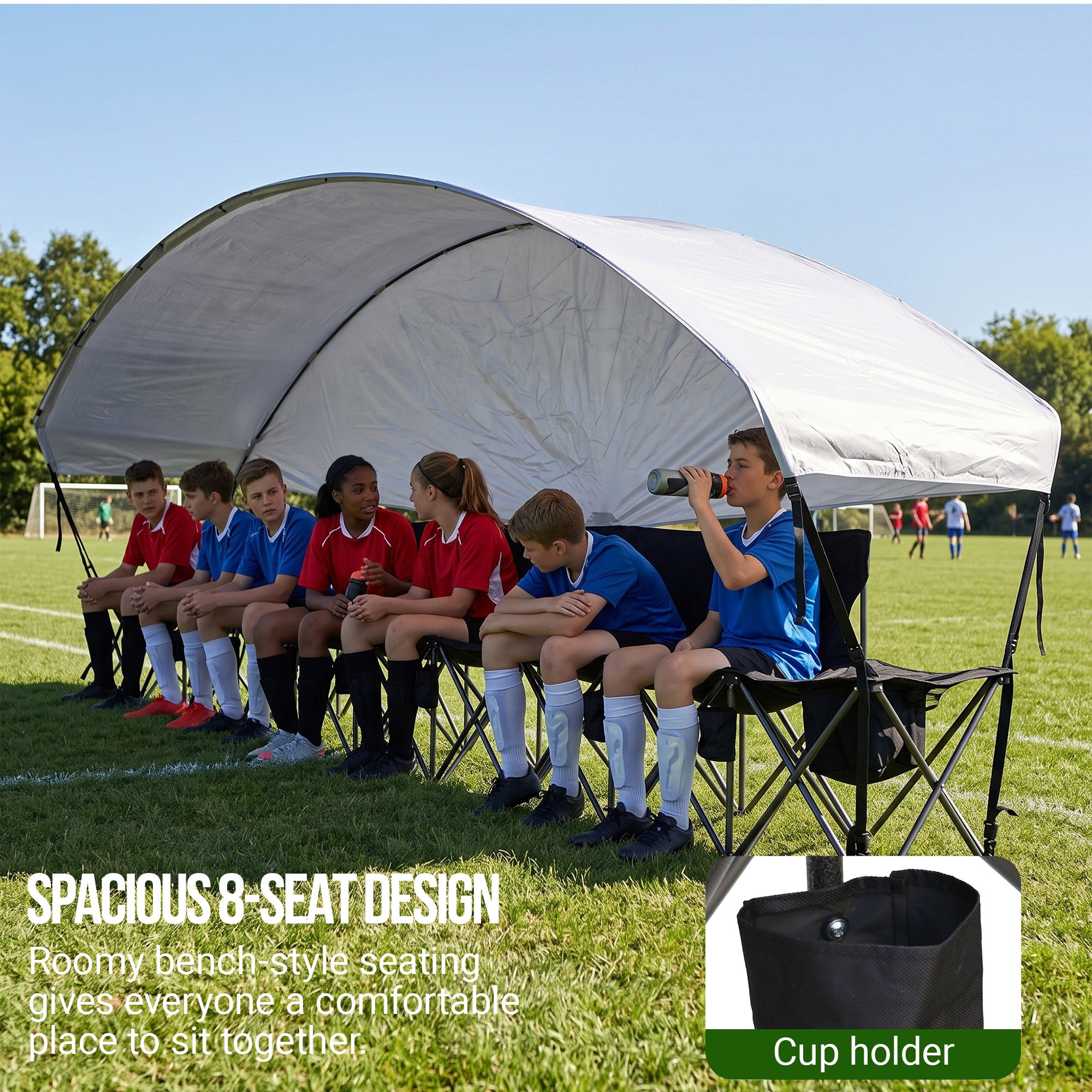 Nice C 4/6/8 Seat Folding Team Bench with Canopy & Cooler (Black) | Sun Shade, Portable Soccer Bench, Canopy Chair, Cup Holders, Cooler Bag, Soccer, Football, Basketball, Camping, Events