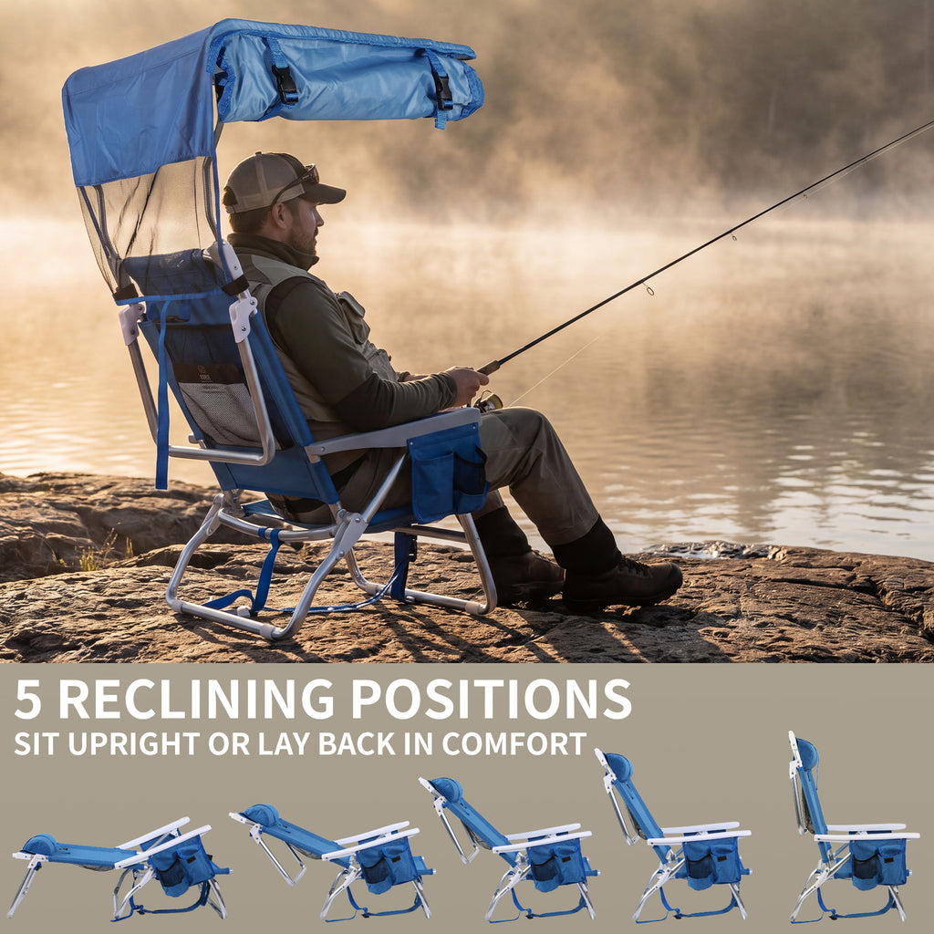 Nice C 5 Position Reclining Backpack Beach Chair with Canopy (Blue, 1 Pack/2 Pack) | Folding Beach Chair, Headrest, Cooler Pocket, Cup Holder, Lightweight, Fishing, Travel