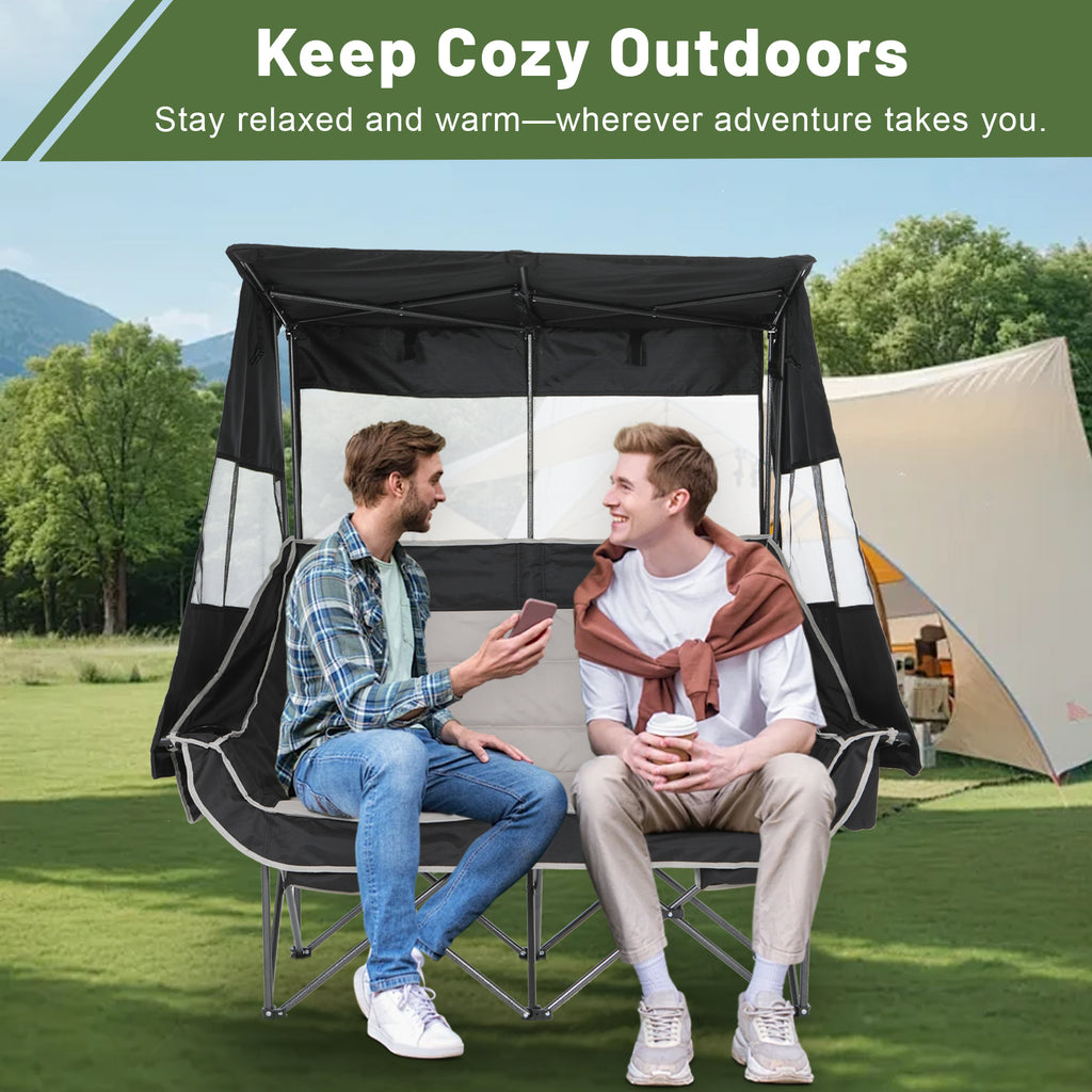 Nice C Double Heated Camping Loveseat – Folding Chair with Canopy, Battery, Cup Holder &amp; Cooler 