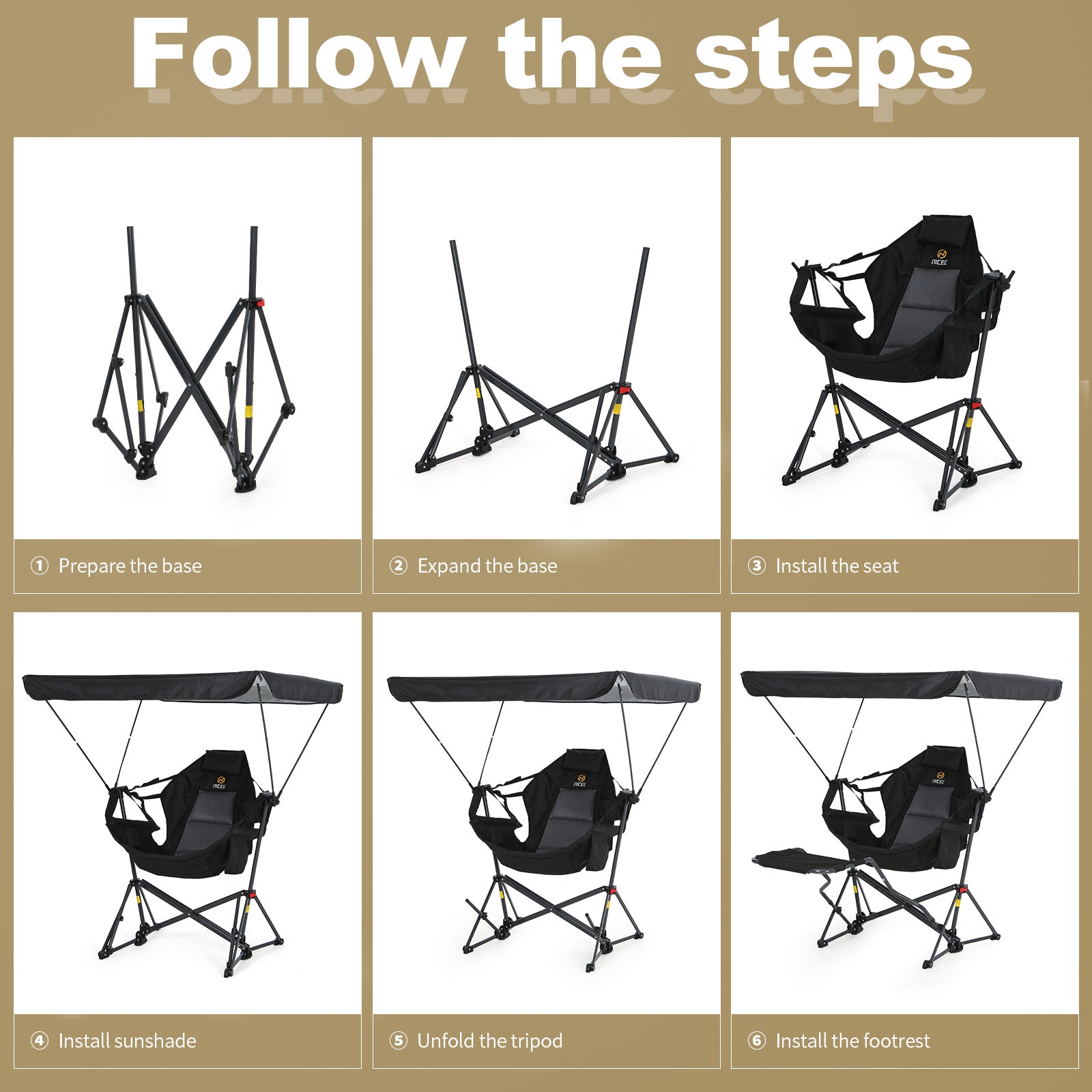 Nice C Hammock Chair with Adjustable Canopy & Detachable Footrest | Portable Swinging Chair, Folding Rocking Design, Cup Holder, Carry Bag, Camping, Beach, Backyard, Outdoor