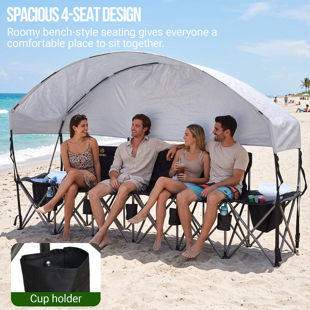 Nice C 4/6/8 Seat Folding Team Bench with Canopy & Cooler (Black) | Sun Shade, Portable Soccer Bench, Canopy Chair, Cup Holders, Cooler Bag, Soccer, Football, Basketball, Camping, Events