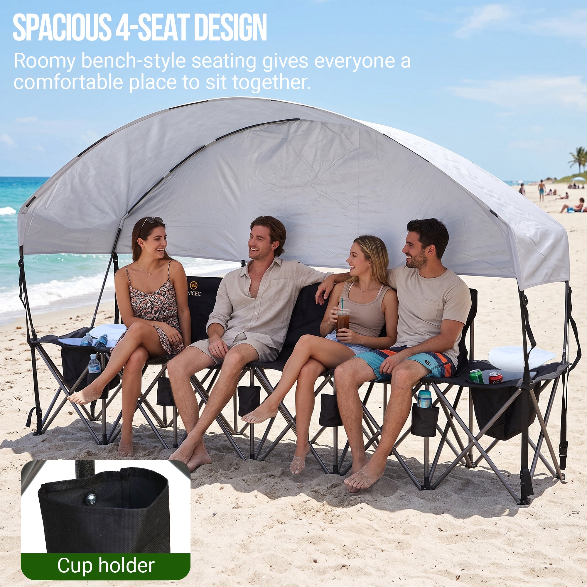 Nice C 4/6/8 Seat Folding Team Bench with Canopy & Cooler (Black) | Sun Shade, Portable Soccer Bench, Canopy Chair, Cup Holders, Cooler Bag, Soccer, Football, Basketball, Camping, Events