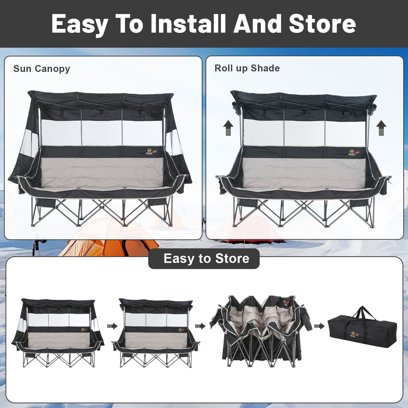 Nice C Heated 3 Person Camping Chair with Canopy, Oversized Padded Loveseat with Cooler &amp; Cup Holder